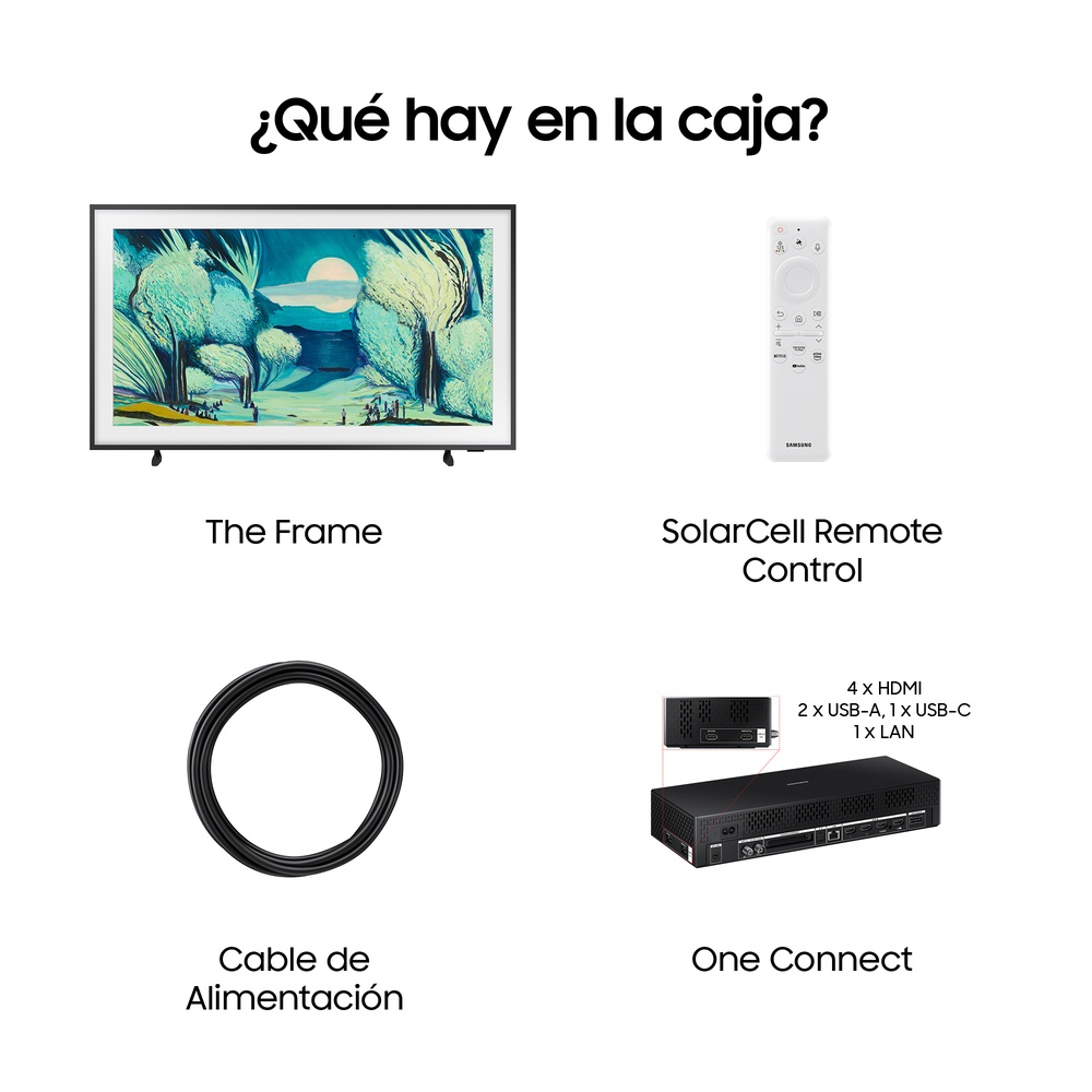 The Frame TV, mando a distancia, cable de alimentación y One Connect Box se muestran sobre un fondo blanco.