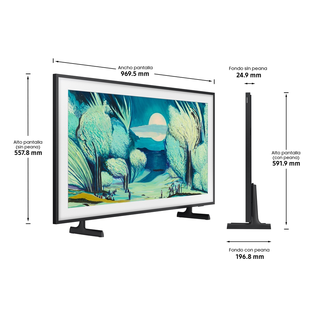 Un televisor negro sobre un soporte, vista lateral y frontal con dimensiones. El televisor muestra un paisaje.