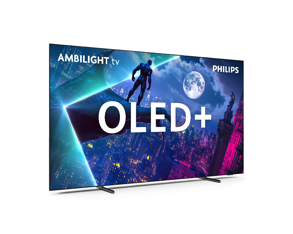 Ein OLED+-Fernseher, der eine nächtliche Stadtlandschaft mit Superhelden-Silhouette und Vollmond zeigt.