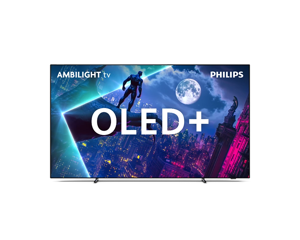 Ein Philips OLED+ TV zeigt eine Szene mit einer Black Panther-Figur, Stadtlichtern und einem Mond.