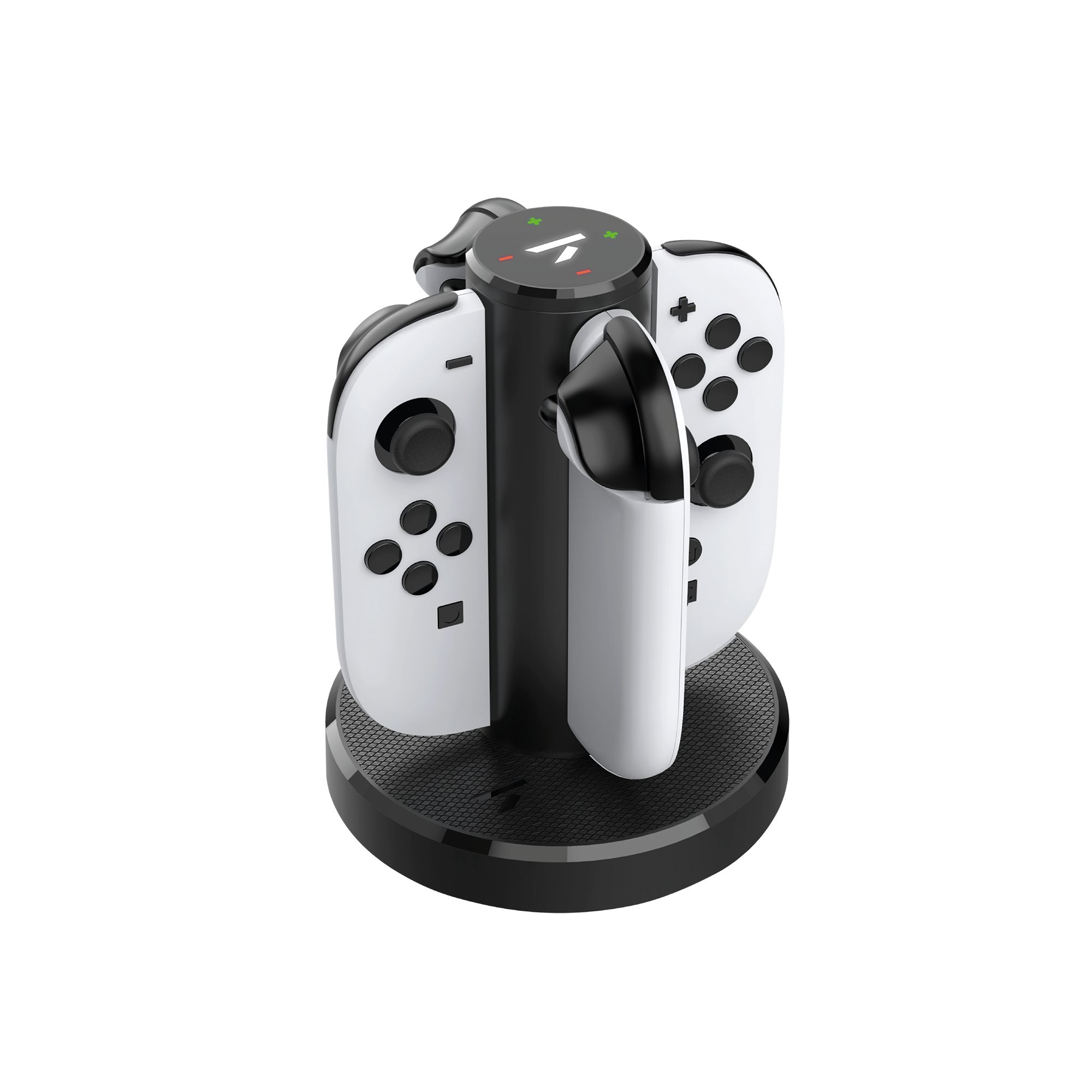 Weiße und schwarze Controller auf einer schwarzen Ladestation. Die Basis hat eine kreisförmige Form.