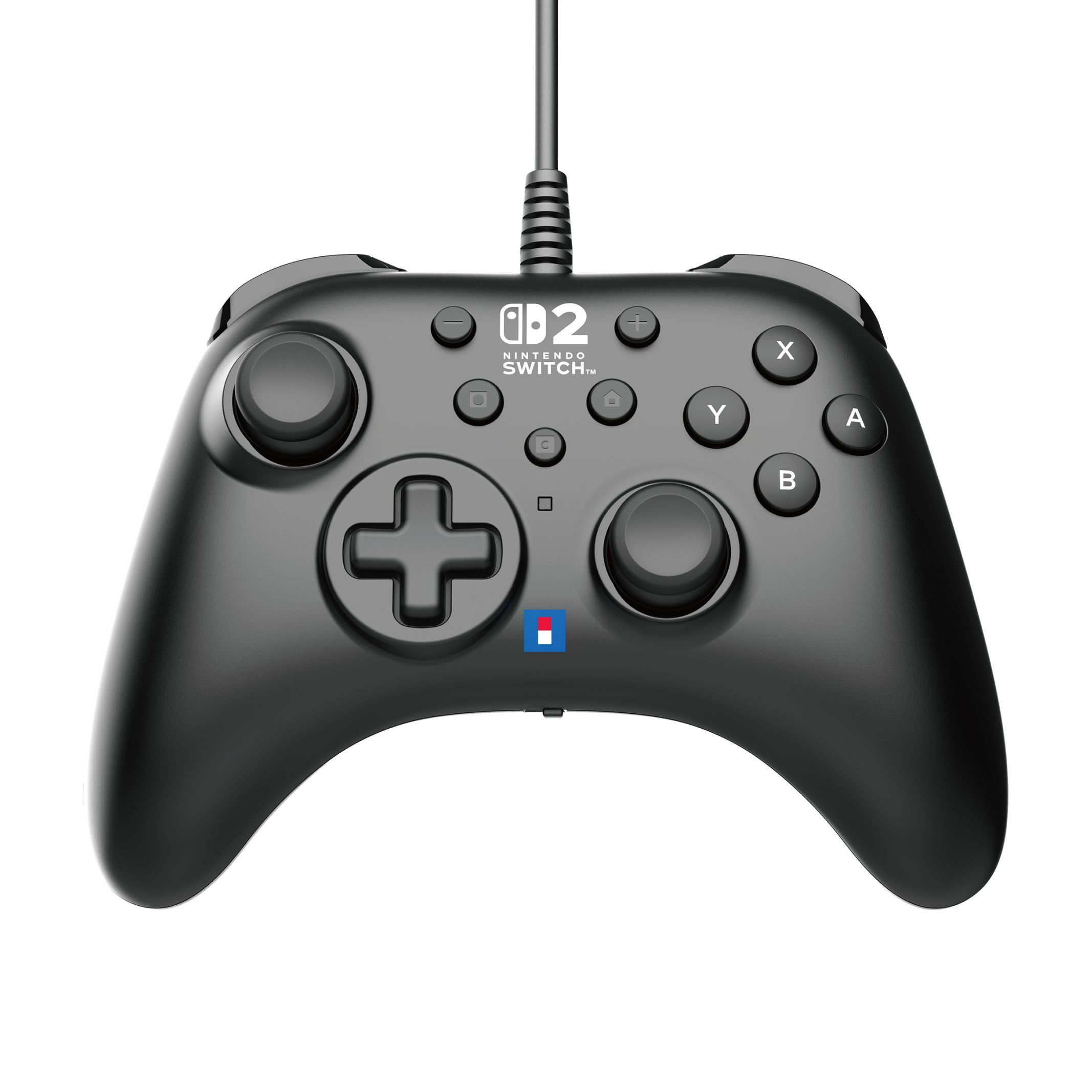 Schwarzer Nintendo Switch Controller mit Knöpfen und Steuerkreuz, weißer Hintergrund.