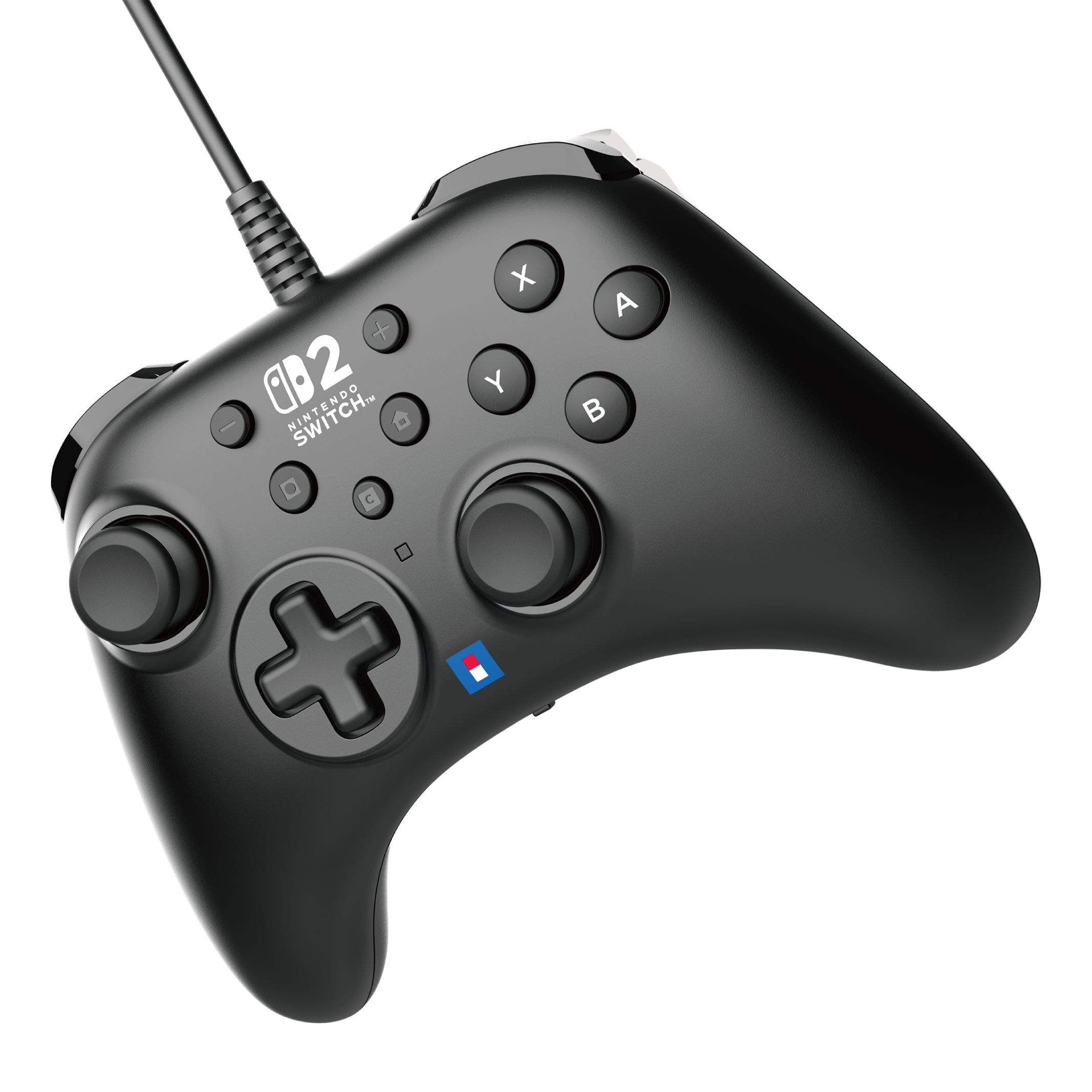 Schwarzer Nintendo Switch Controller mit Kabel und verschiedenen Knöpfen.