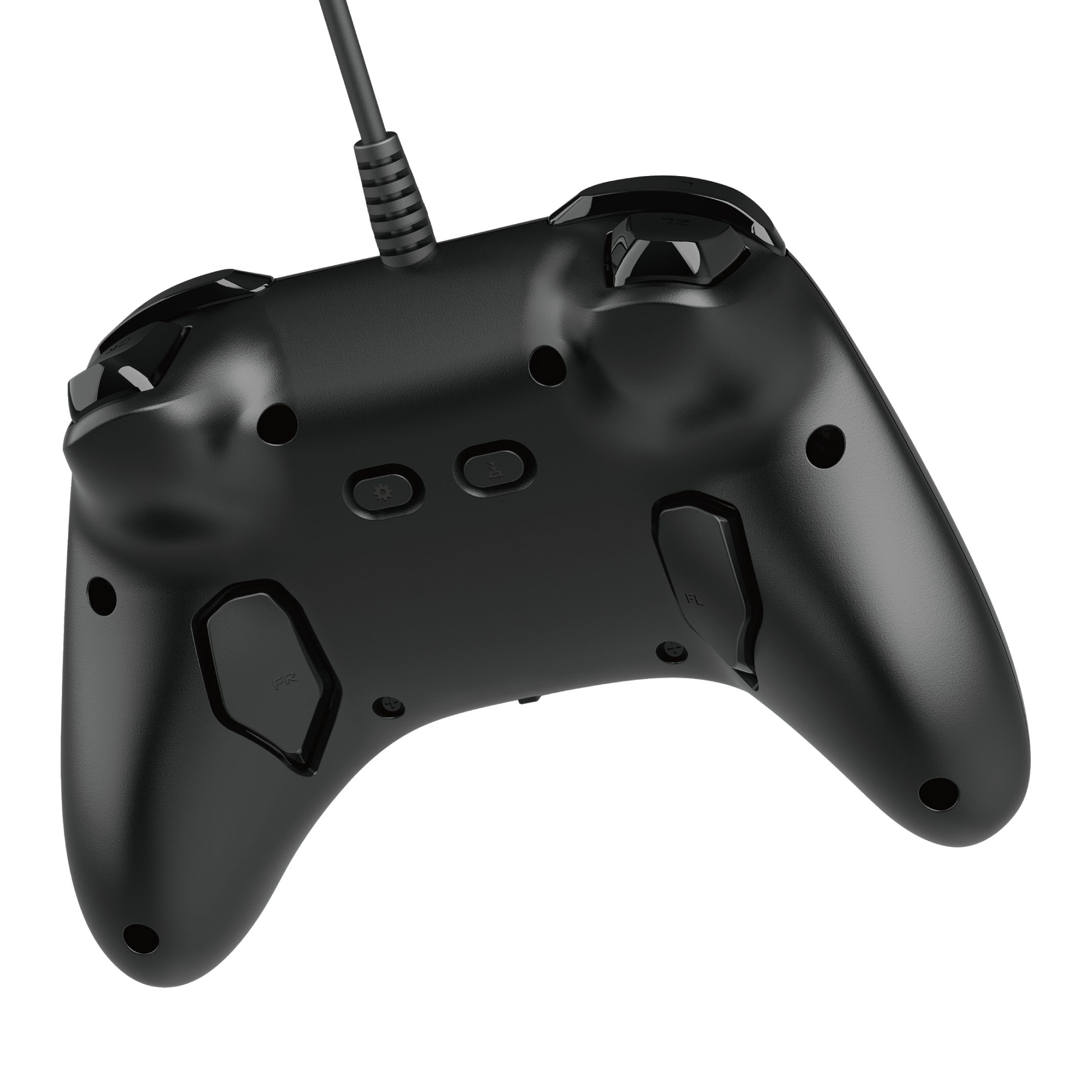Schwarzer Nintendo Switch Controller, Rückansicht, mit Knöpfen und Kabel.