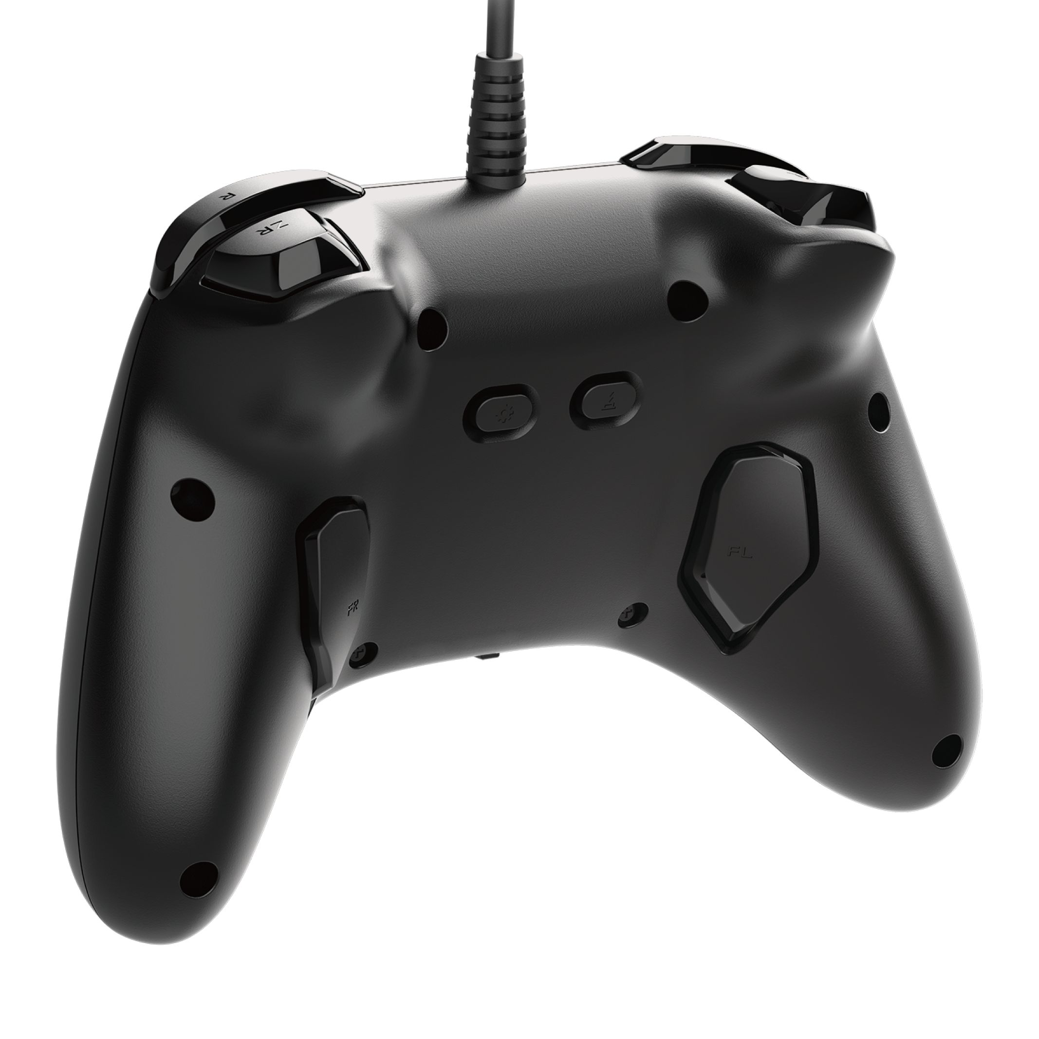 Schwarzer Controller mit Knöpfen und Kabel, Rückansicht.