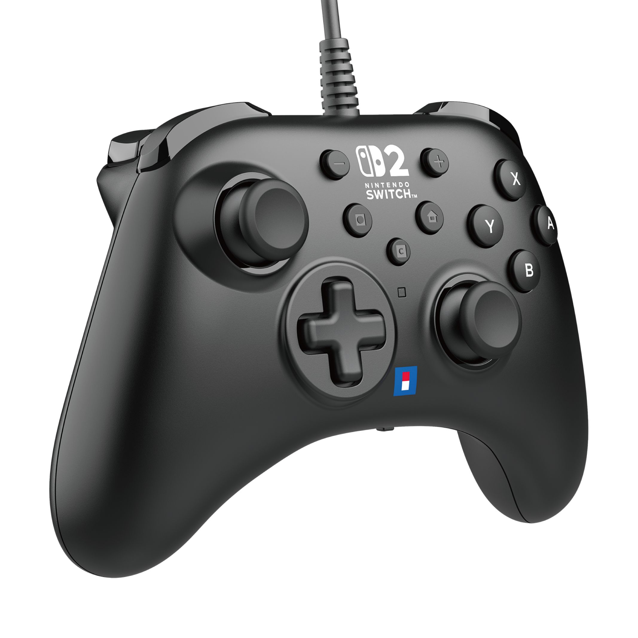 Schwarzer Nintendo Switch Controller mit Tasten: X, Y, A, B, ein plusförmiges Steuerkreuz, weißer Hintergrund.