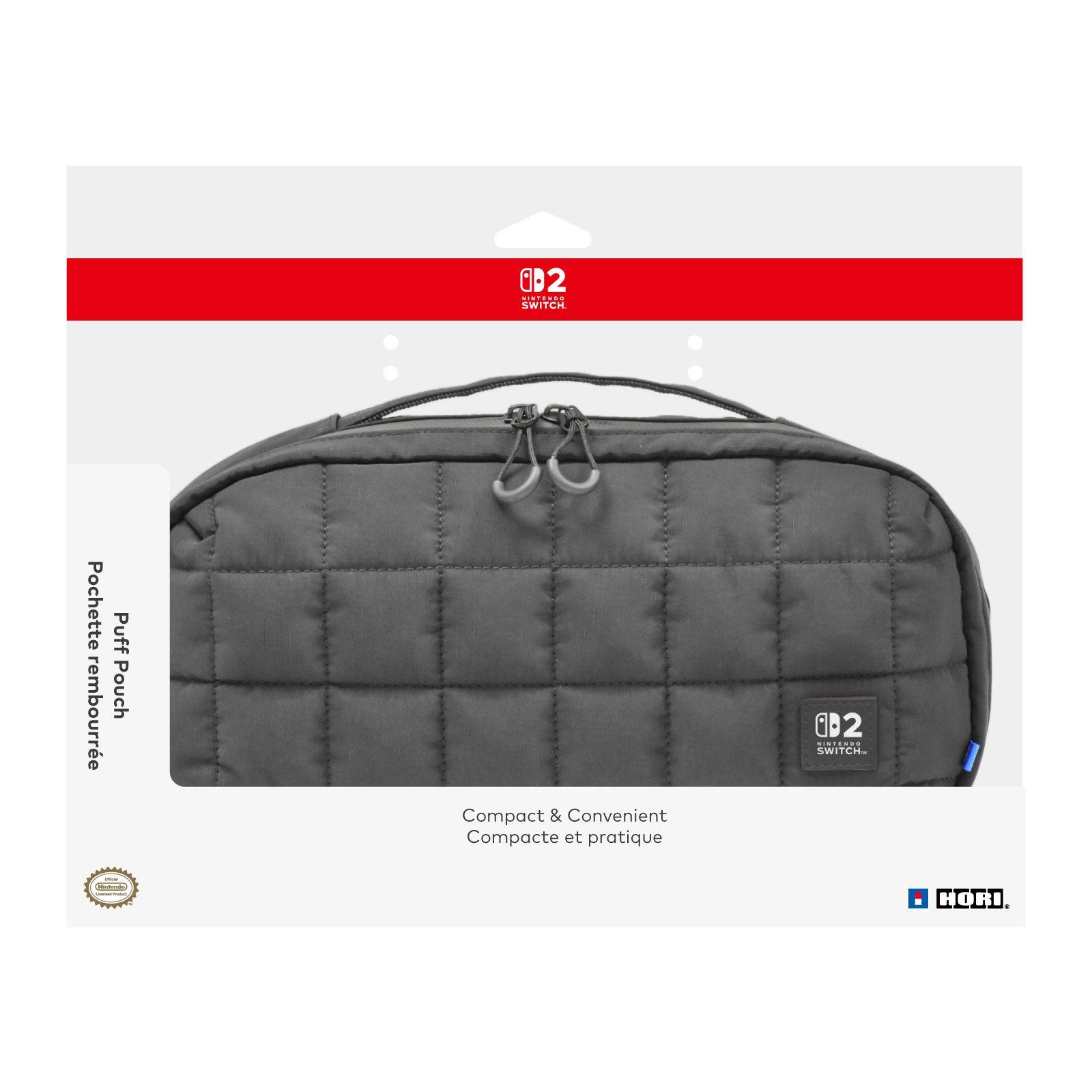 Eine schwarze, gesteppte Nintendo Switch-Tragetasche mit rotem Deckel und Logo.