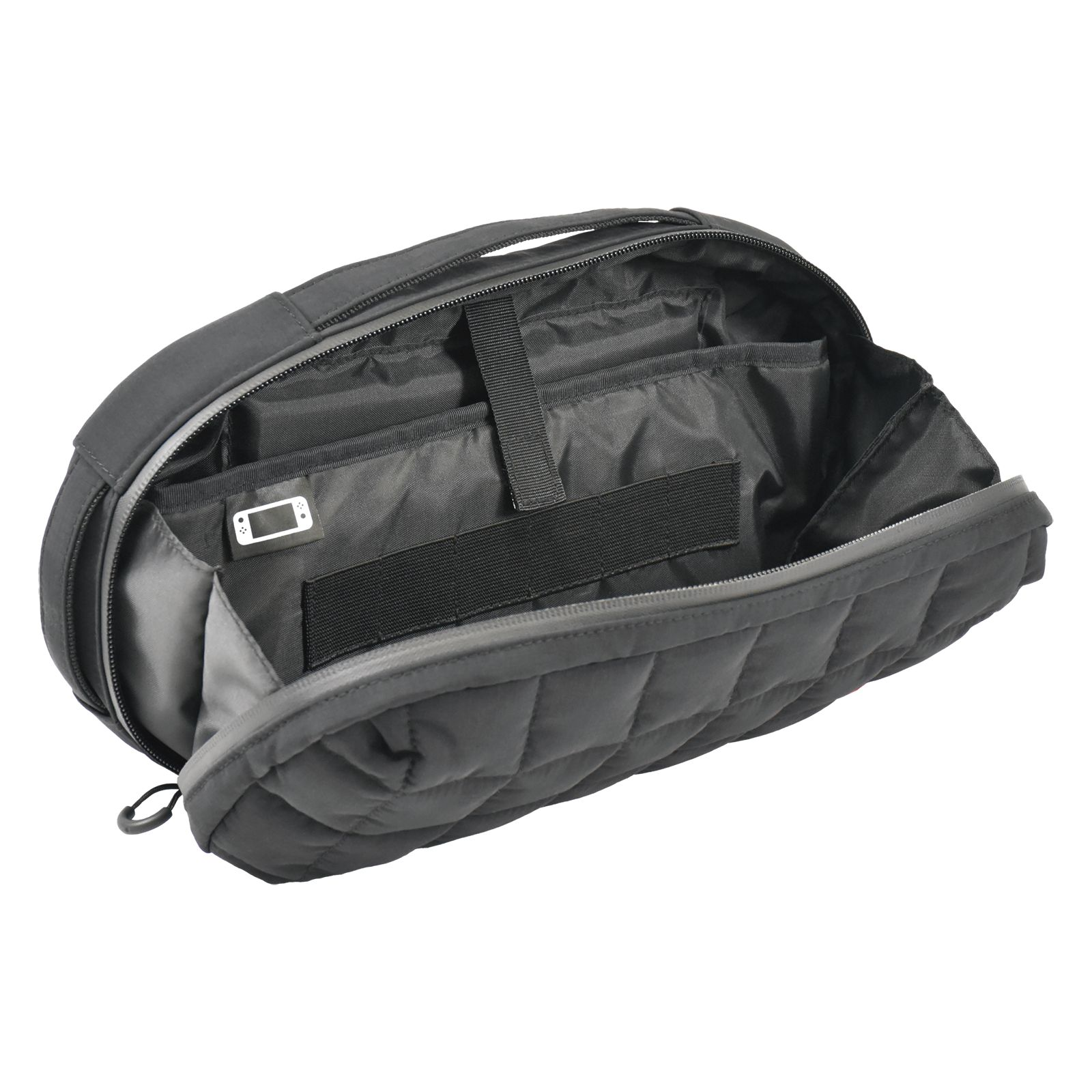 Eine offene schwarze Tasche mit mehreren Taschen, die ein kleines Gerät enthält.