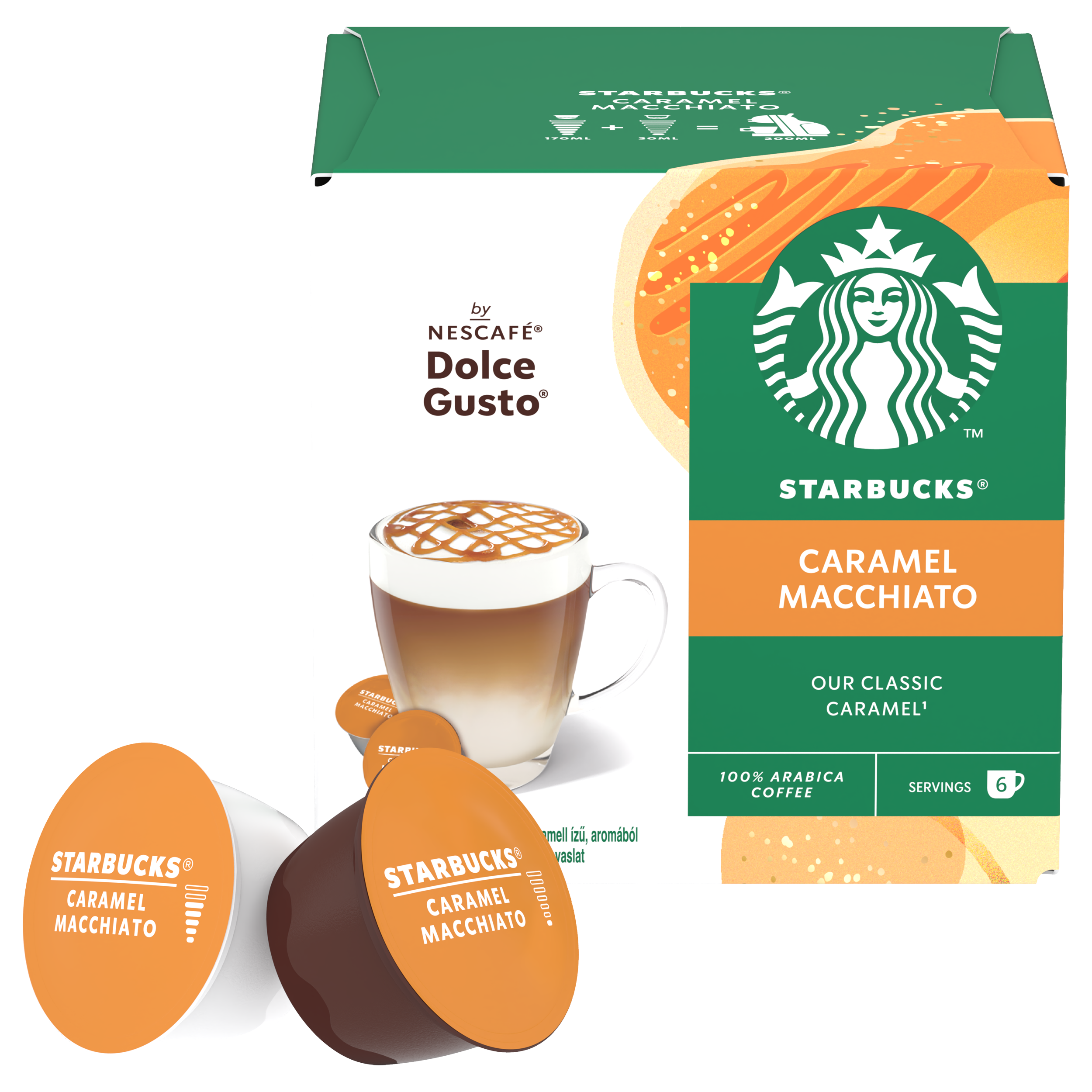 Packung Starbucks Caramel Macchiato Kapseln mit fertigem Kaffee.