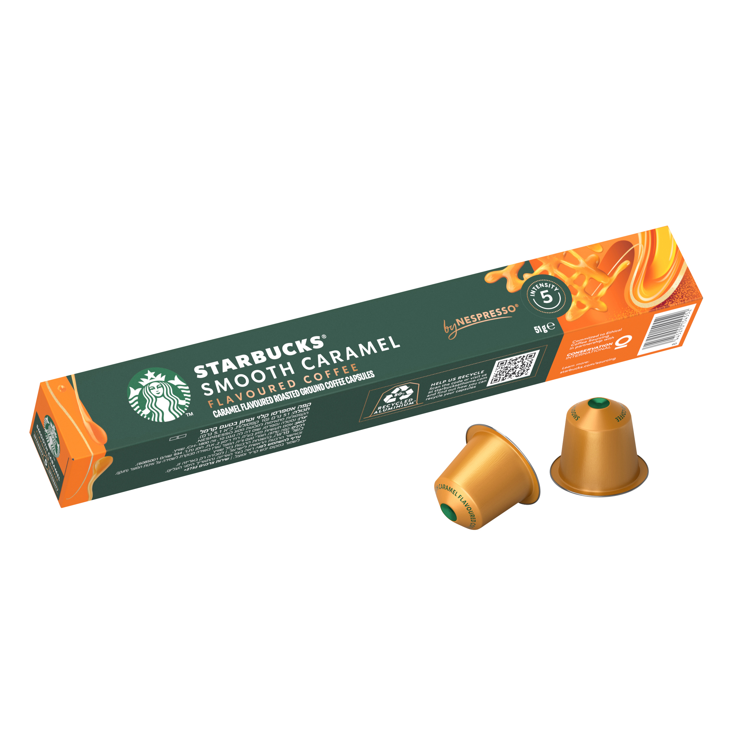 Kaffeekapseln und eine Kapselbox. Die Box ist grün und orange, die Kapseln sind goldfarben.