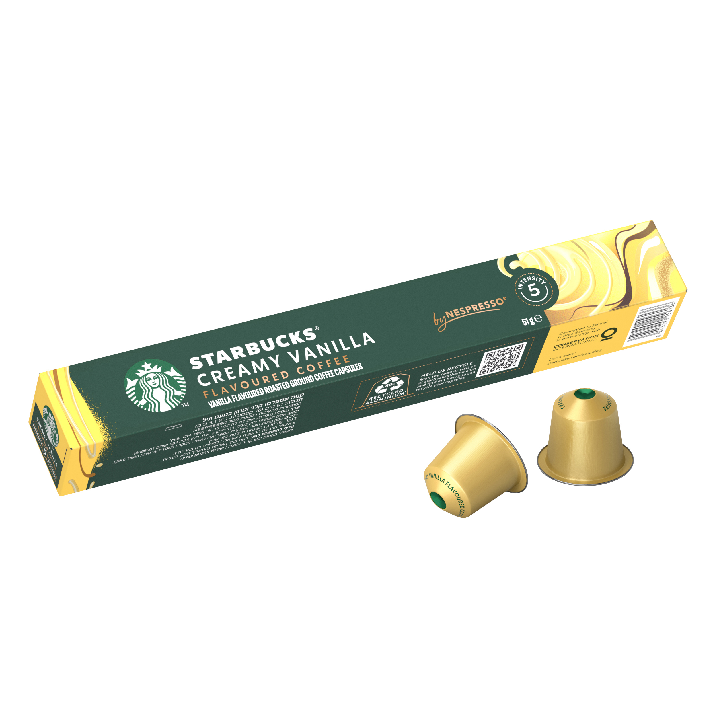 Kaffeekapseln und eine Kapselbox. Die Box ist grün und gelb, die Kapseln sind goldfarben.