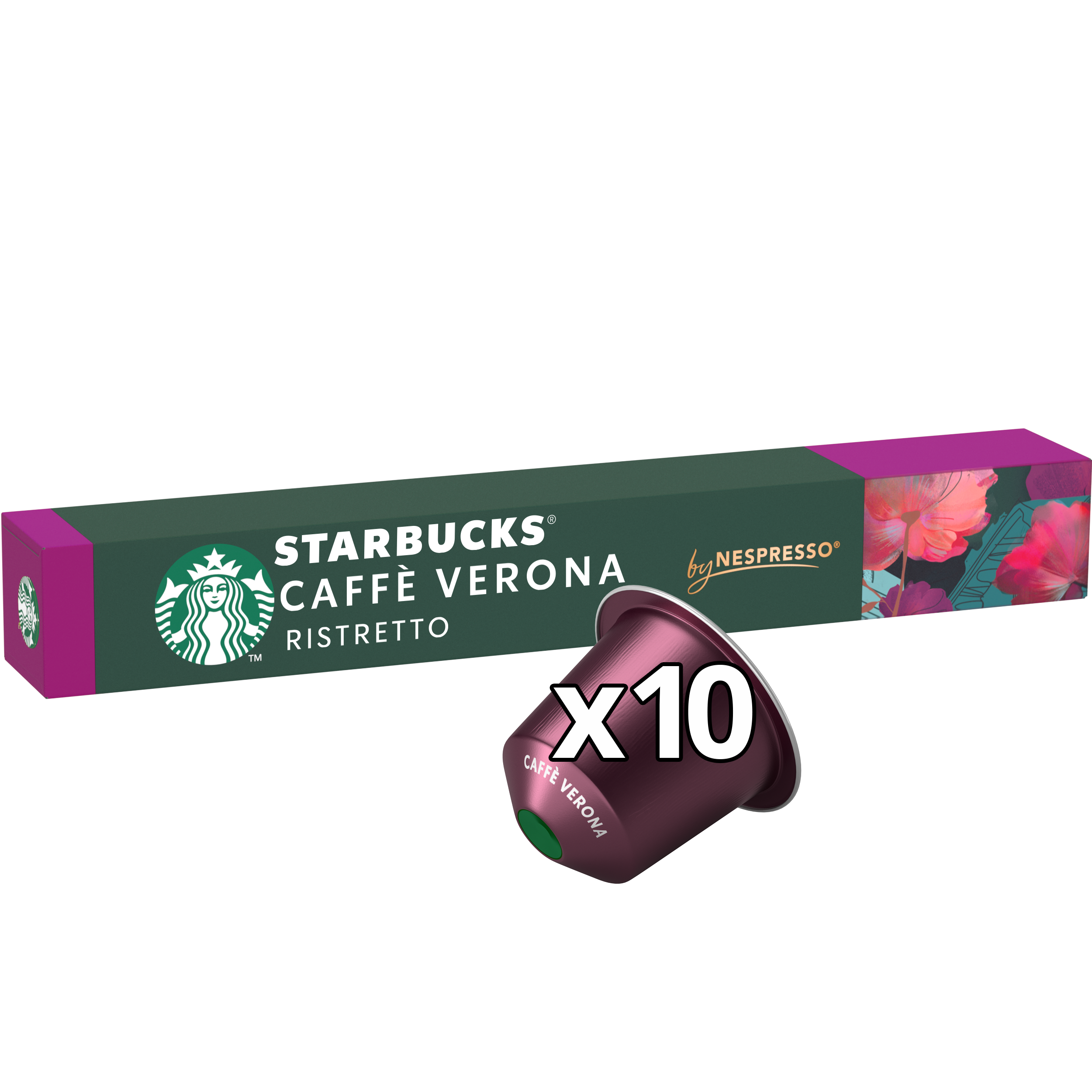 Schachtel mit Starbucks Caffe Verona Kapseln und zwei Kapseln im Vordergrund.