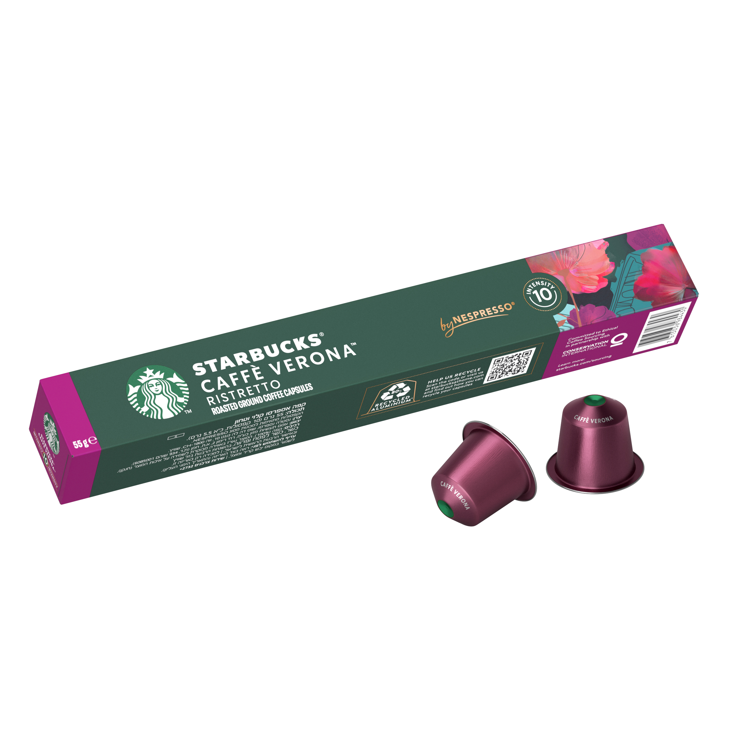 Schachtel mit Starbucks Pike Place Roast Kapseln und einer einzelnen Kapsel, x10, im Vordergrund.