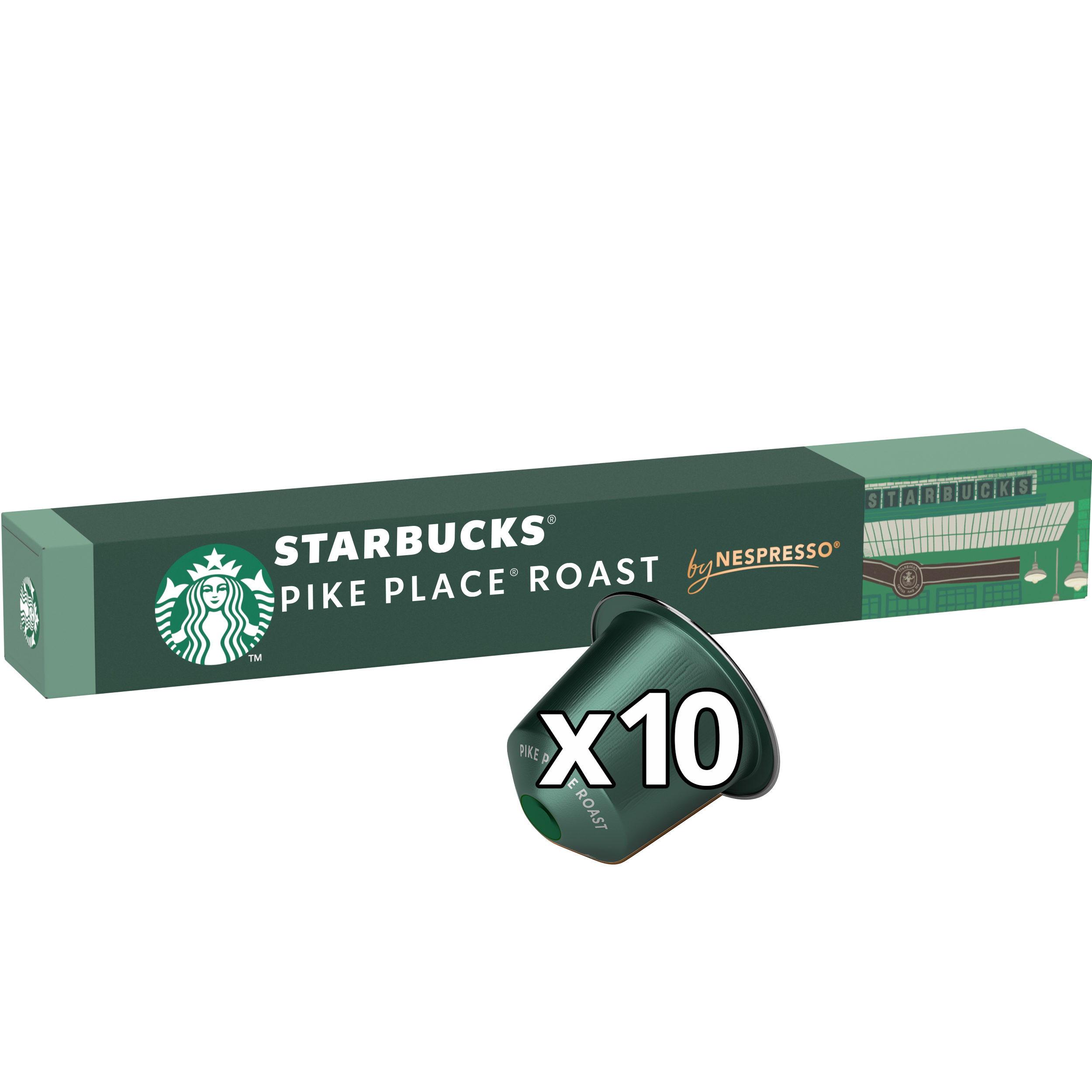 Schachtel mit Starbucks Pike Place Roast Kapseln und zwei Kapseln im Vordergrund.