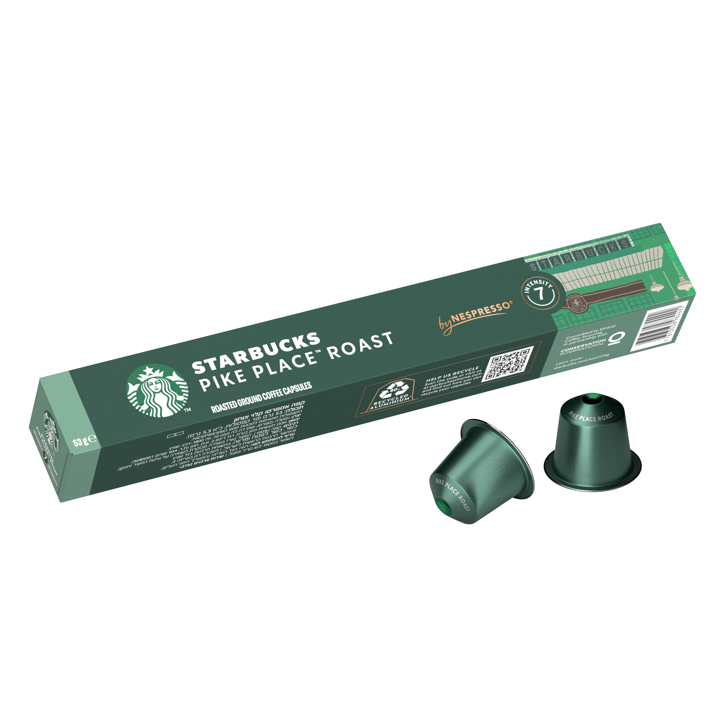 Schachtel mit Starbucks Single-Origin Colombia Kapseln und einer einzelnen Kapsel, x10, im Vordergrund.