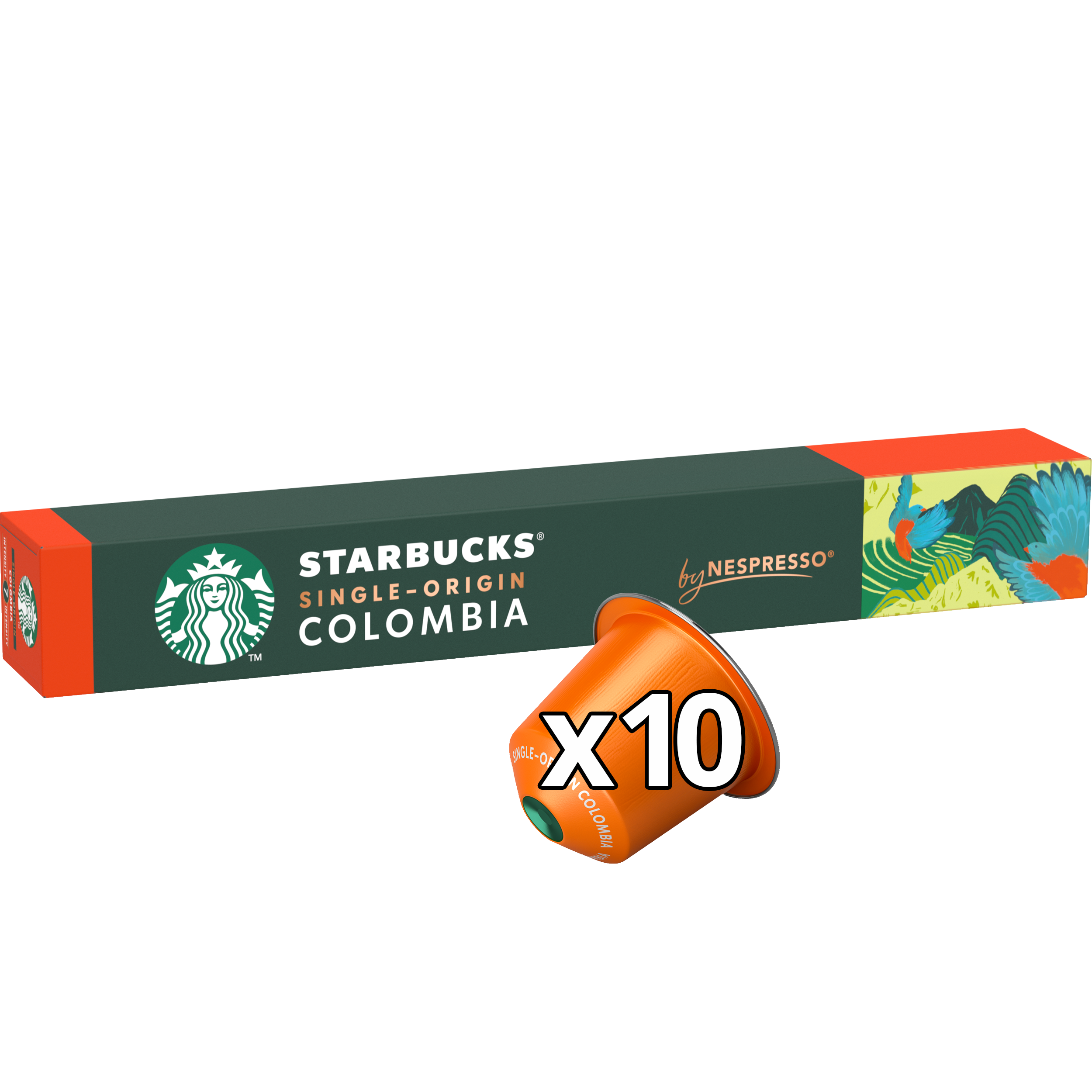 Schachtel mit Starbucks Single-Origin Colombia Kapseln und zwei Kapseln im Vordergrund.