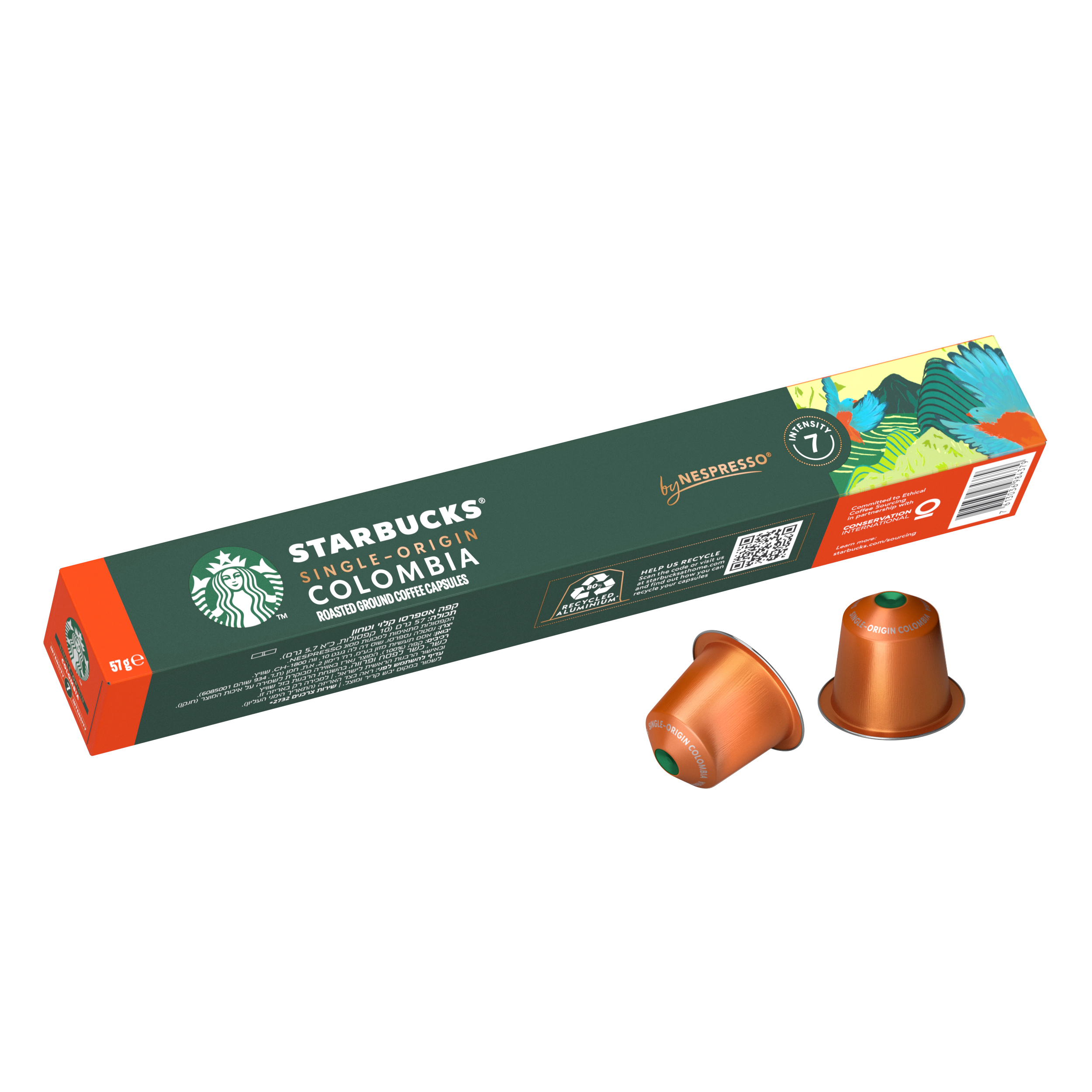 Schachtel mit Starbucks Espresso Roast Kapseln und einer einzelnen Kapsel, x10, im Vordergrund.
