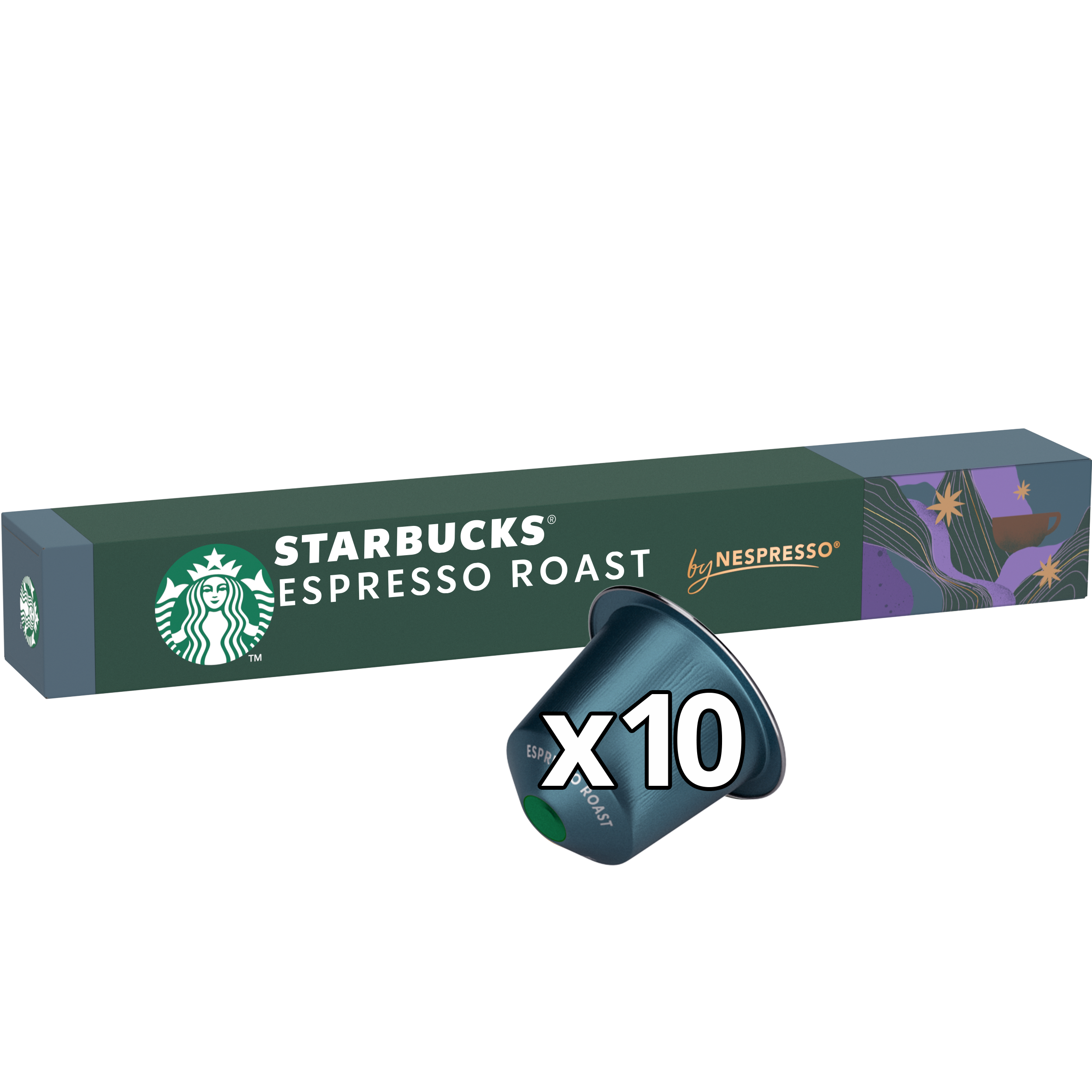 Schachtel mit Starbucks Espresso Roast Kapseln und zwei Kapseln im Vordergrund.