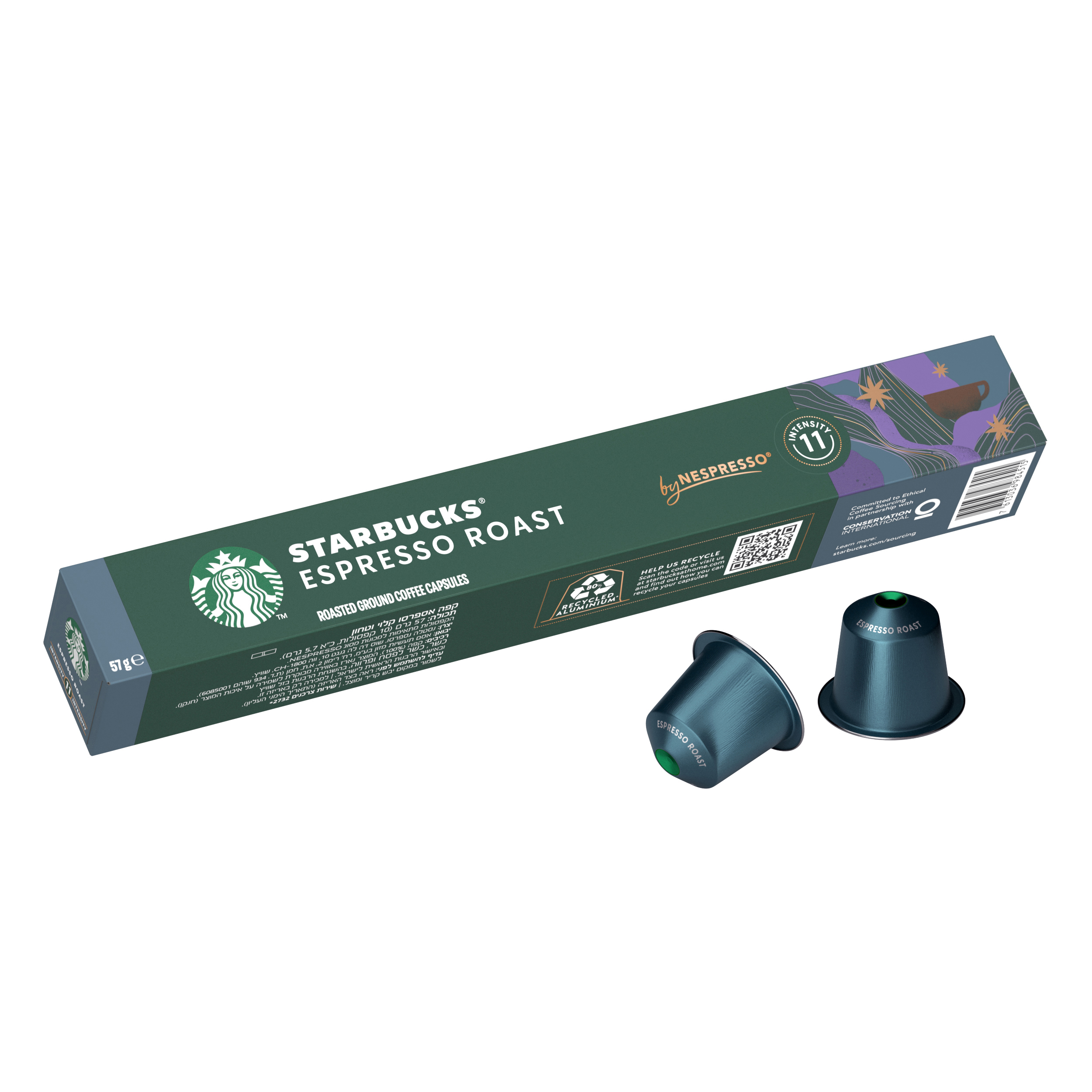 Schachtel mit Starbucks Blonde Espresso Roast Kapseln und einer einzelnen Kapsel, x10, im Vordergrund.