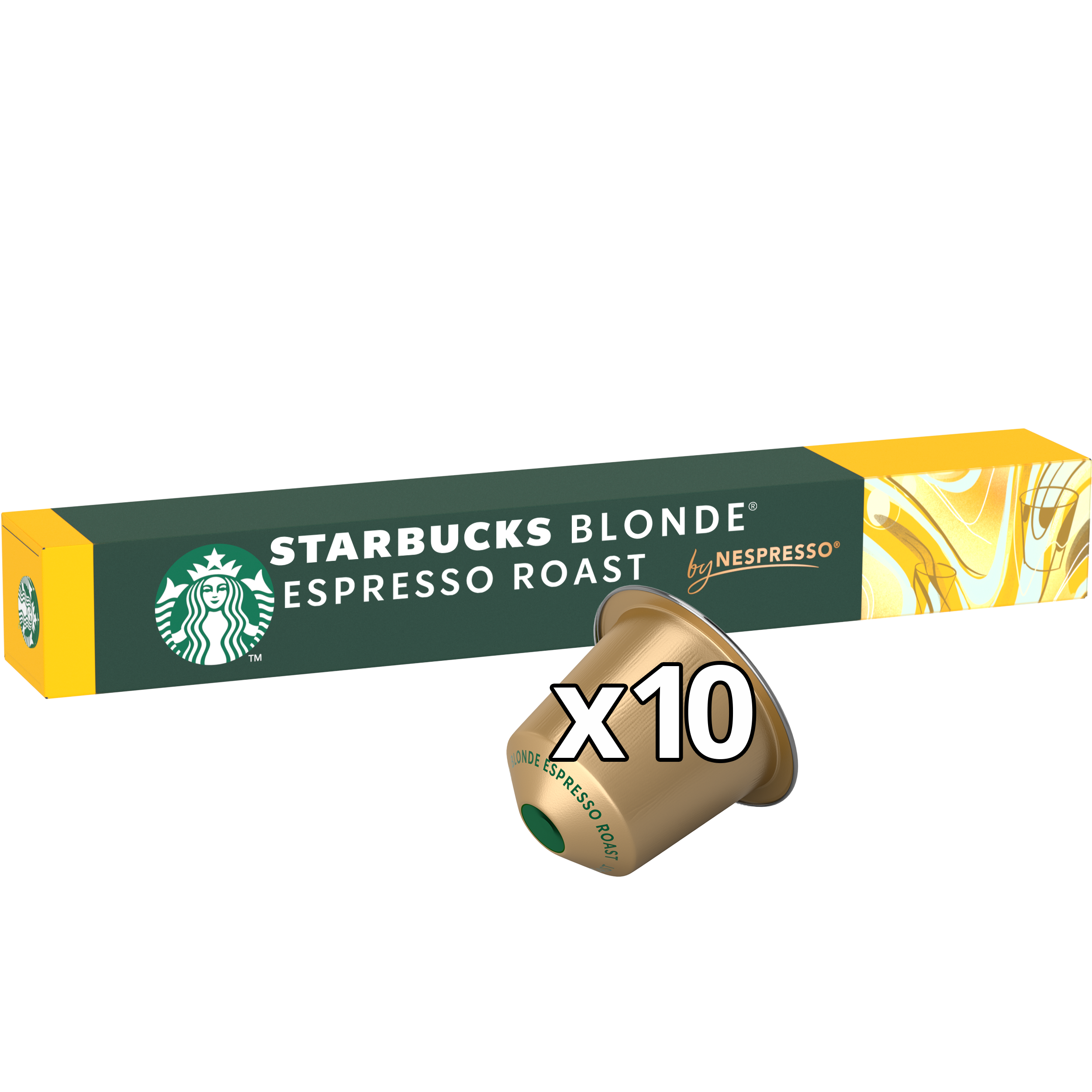 Schachtel mit Starbucks Blonde Espresso Roast Kapseln und zwei Kapseln im Vordergrund.