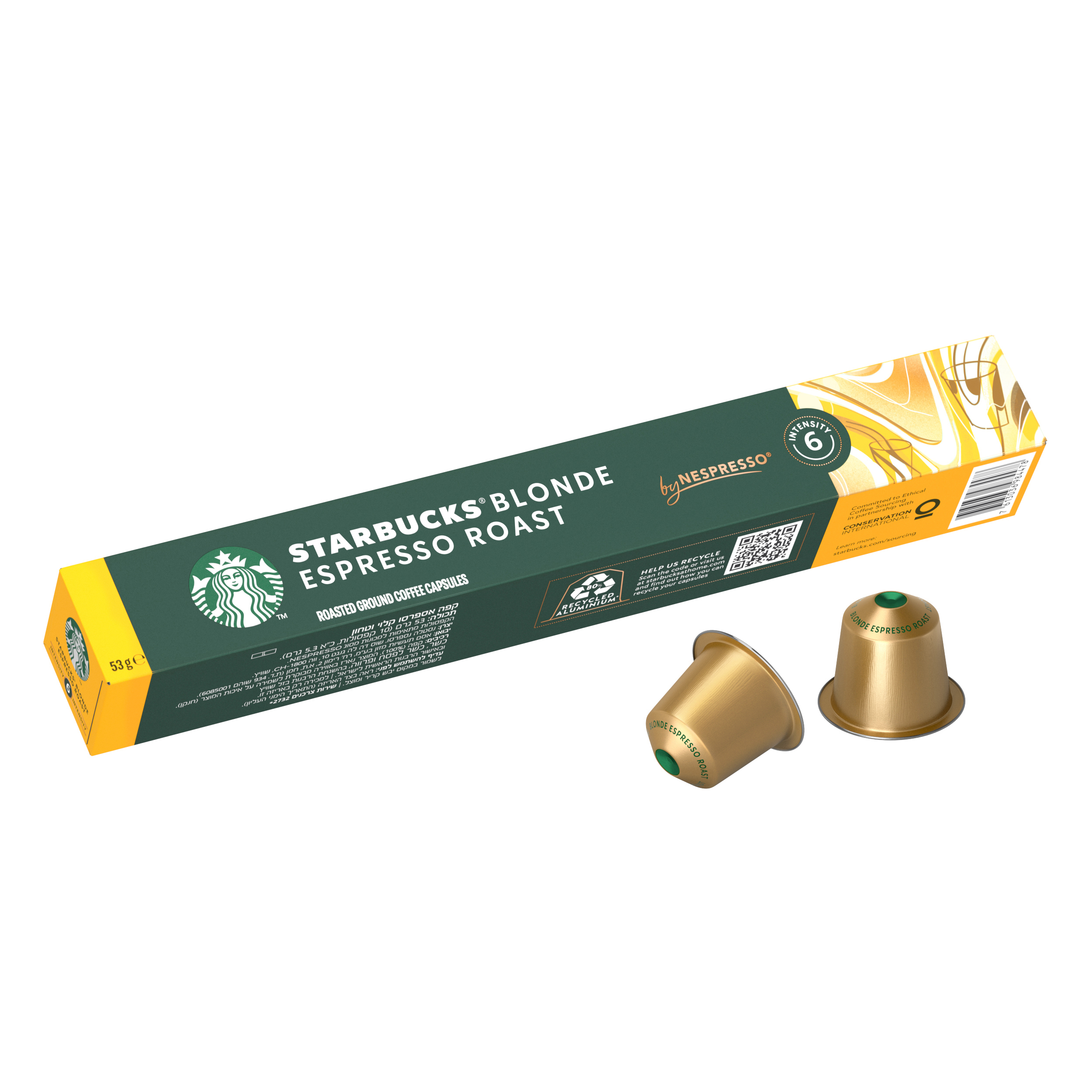 Schachtel mit Starbucks Sunny Day Blend Kapseln und einer einzelnen Kapsel, x10, im Vordergrund.