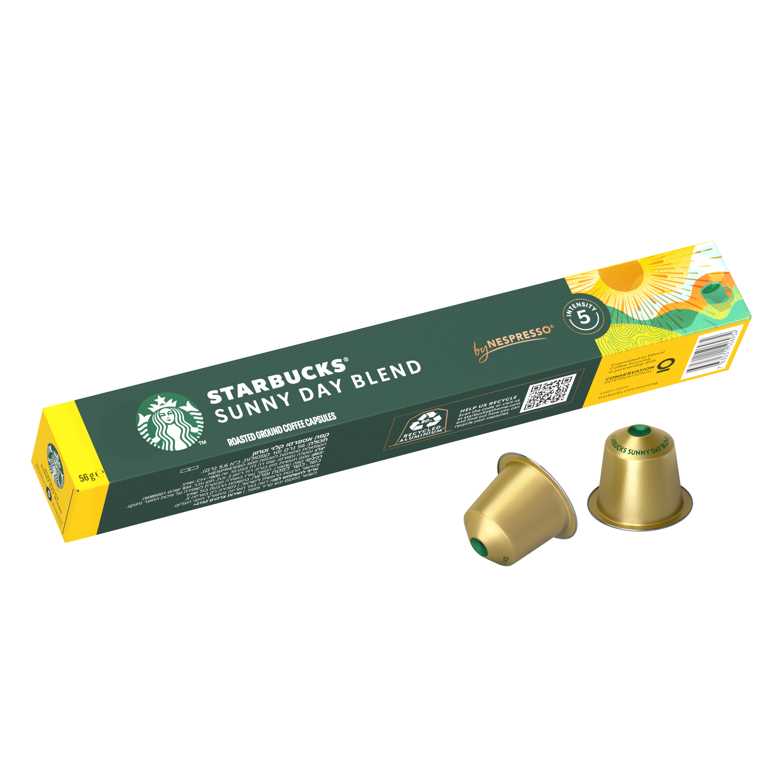 Schachtel mit Starbucks Sunny Day Blend Kaffeekapseln und zwei Kapseln. Goldene Kapseln und gelb-grüne Schachtel.