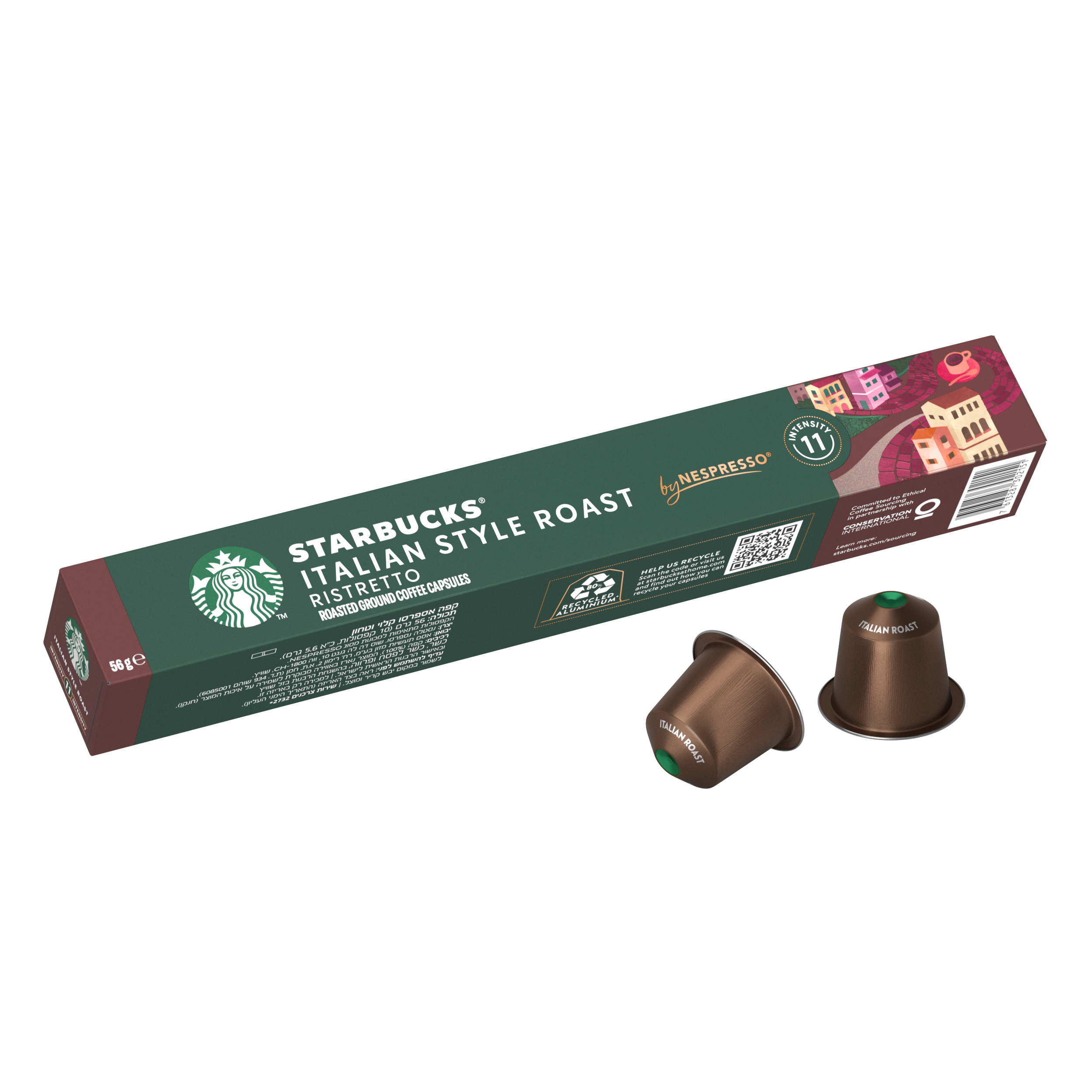Schachtel mit Starbucks Italian Style Roast Ristretto Kaffeekapseln und zwei Kapseln. Dunkelbraune Kapseln und Schachtel.