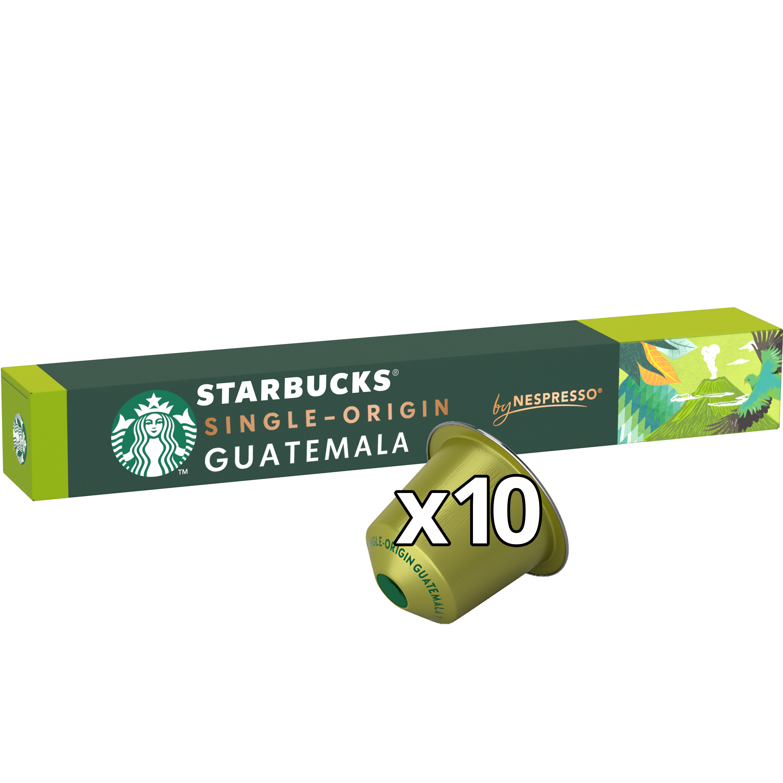 Schachtel mit Starbucks Single-Origin Guatemala Kaffeekapseln und einer Kapsel. Hellgrüne Kapseln und grüne Schachtel.