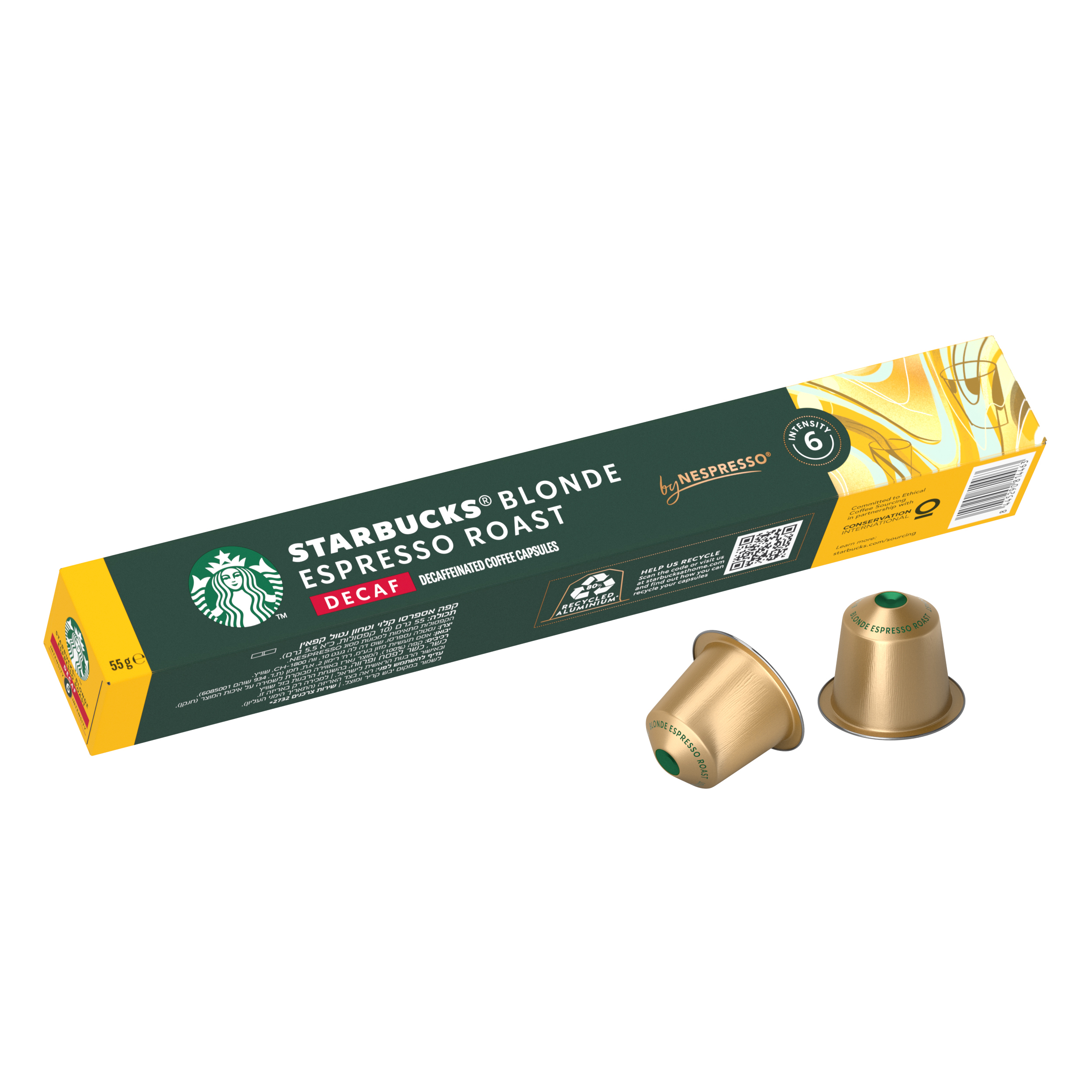 Schachtel mit Starbucks Blonde Espresso Roast Decaf Kaffeekapseln und zwei Kapseln. Goldene Kapseln und grüne Schachtel.