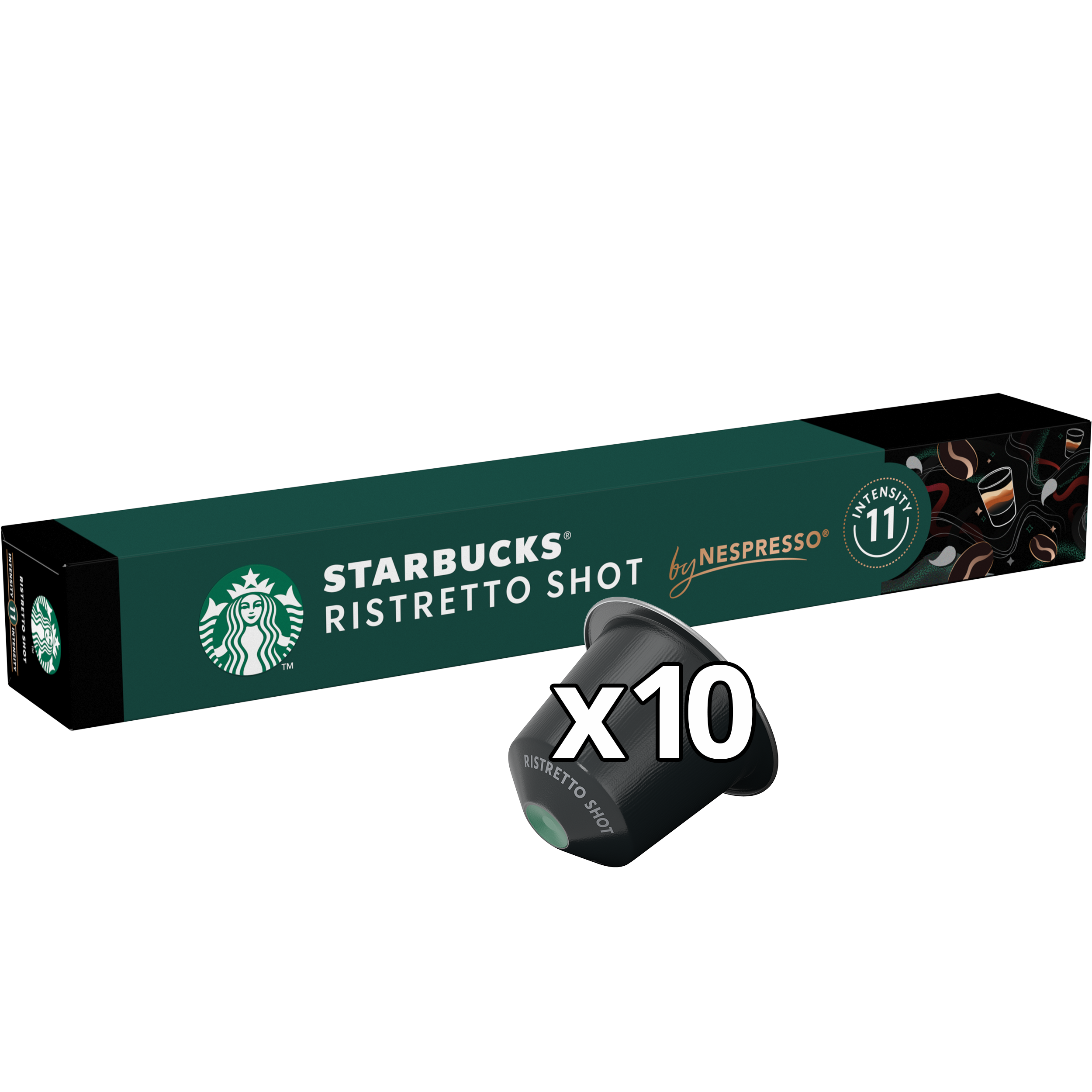 Starbucks Ristretto Shot Kaffeekapseln-Schachtel mit einer Kapsel sichtbar. Dunkelgrüne Schachtel mit schwarzer Kapsel.