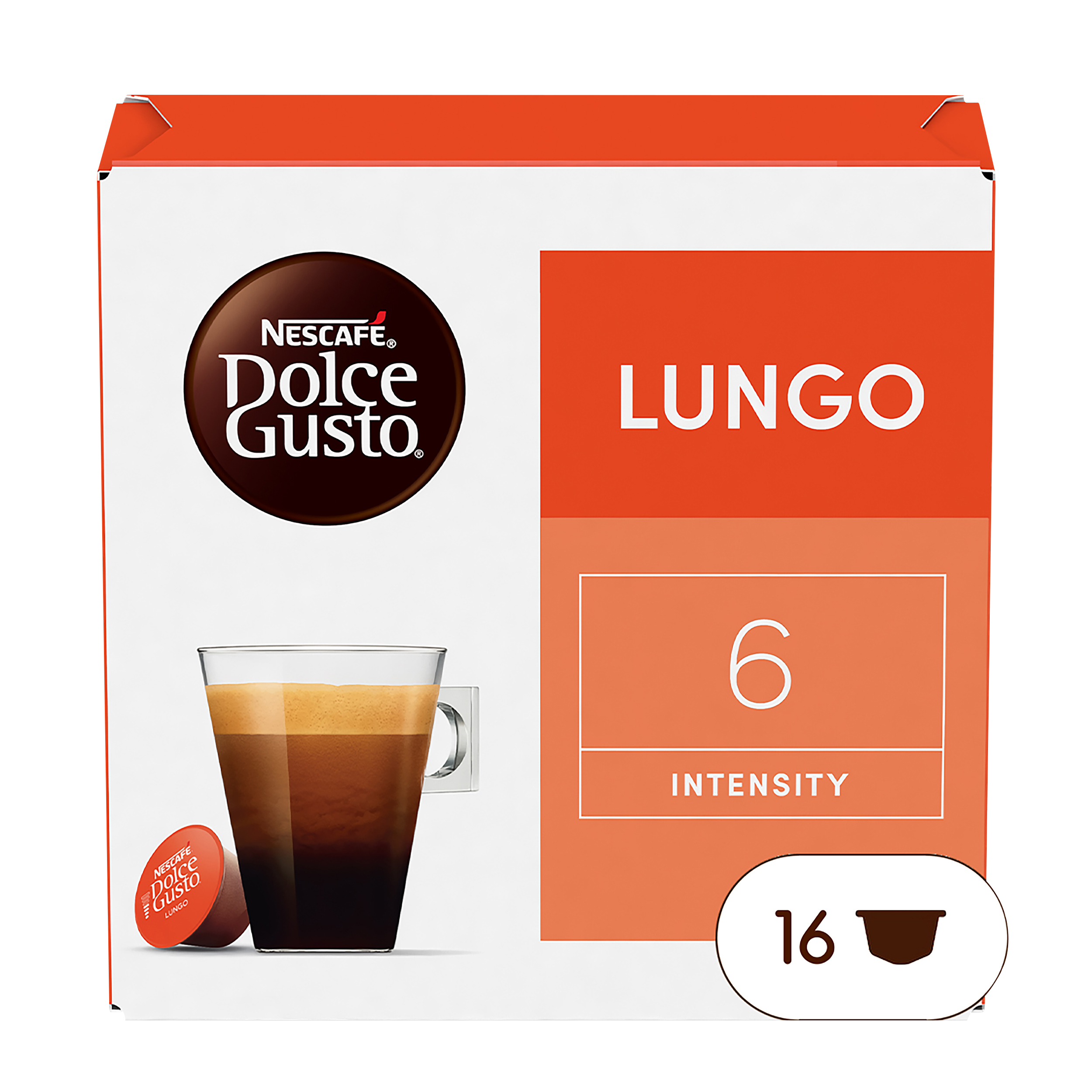 Nescafe Dolce Gusto Lungo Schachtel und eine Kapsel. Schachtel ist orange und weiß. Bild von Kaffeegetränk.