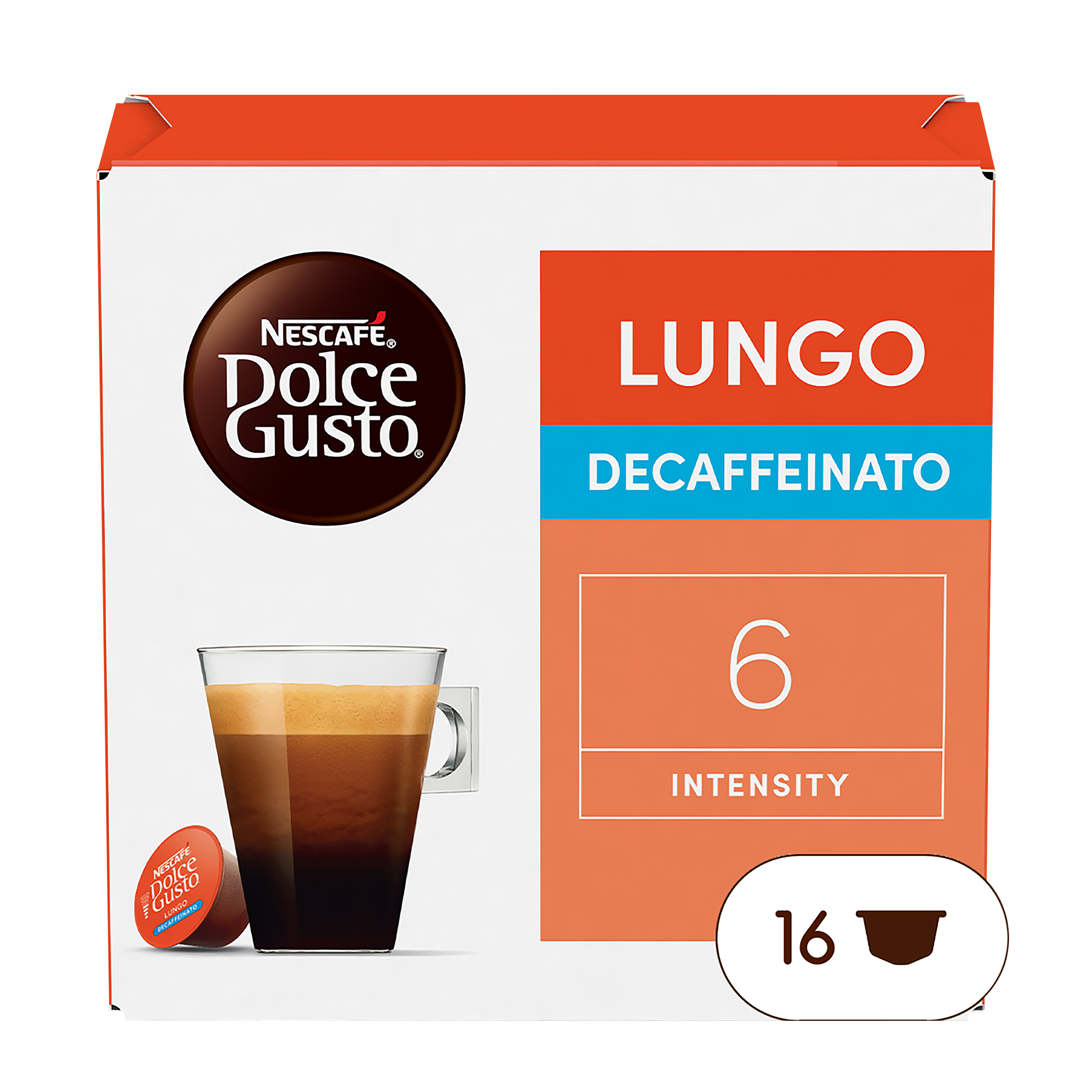 Nescafe Dolce Gusto Lungo Decaffeinato Schachtel und eine Kapsel. Schachtel ist orange und weiß. Bild Kaffee.