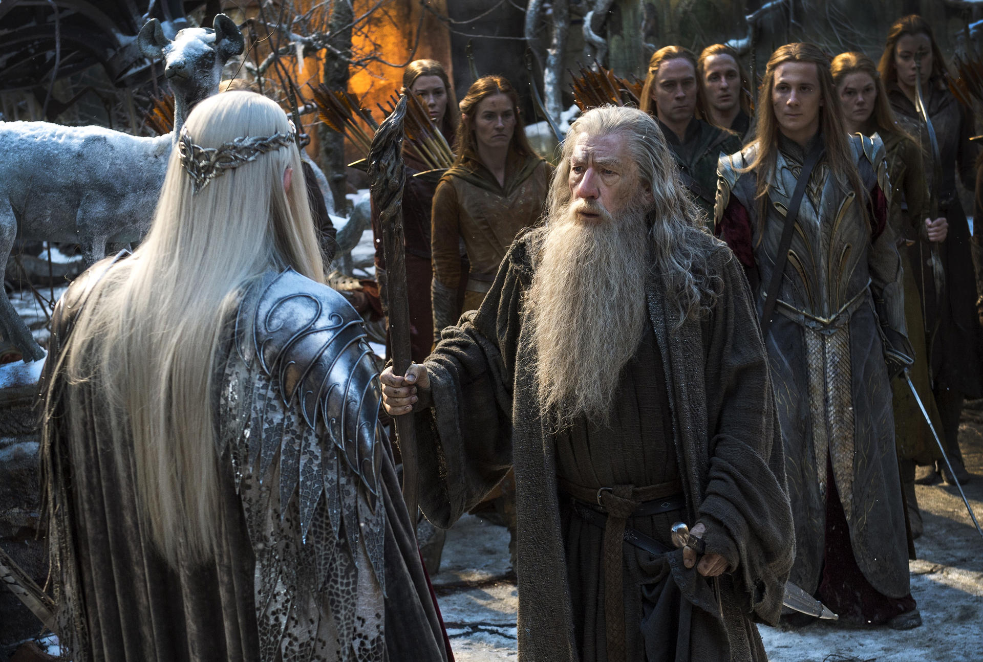 Gandalf und ein Elf unterhalten sich. Andere Elfen sind im Hintergrund.