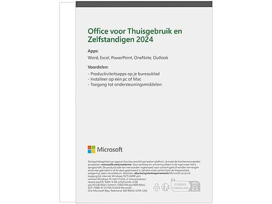 Back of a Microsoft Office box. White with green text about included apps.