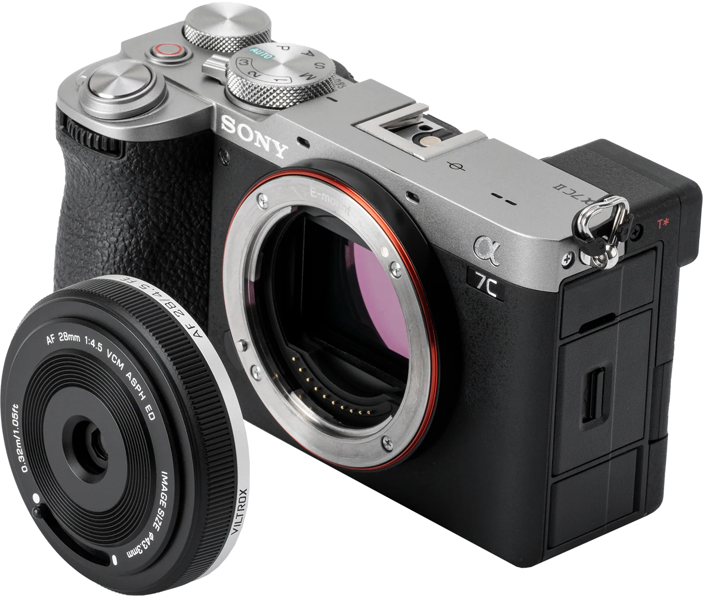 Sony-Kamera mit Objektiv und ein weiteres Objektiv daneben. Schwarz und Silber.