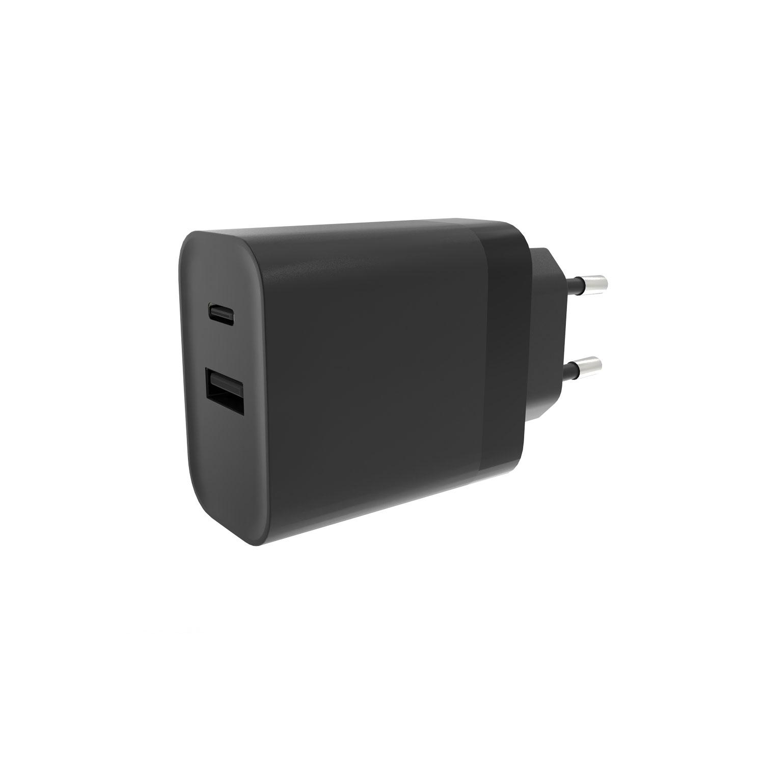 Schwarzes USB-Ladegerät mit zwei USB-C-Anschlüssen. Stecker für Steckdose.