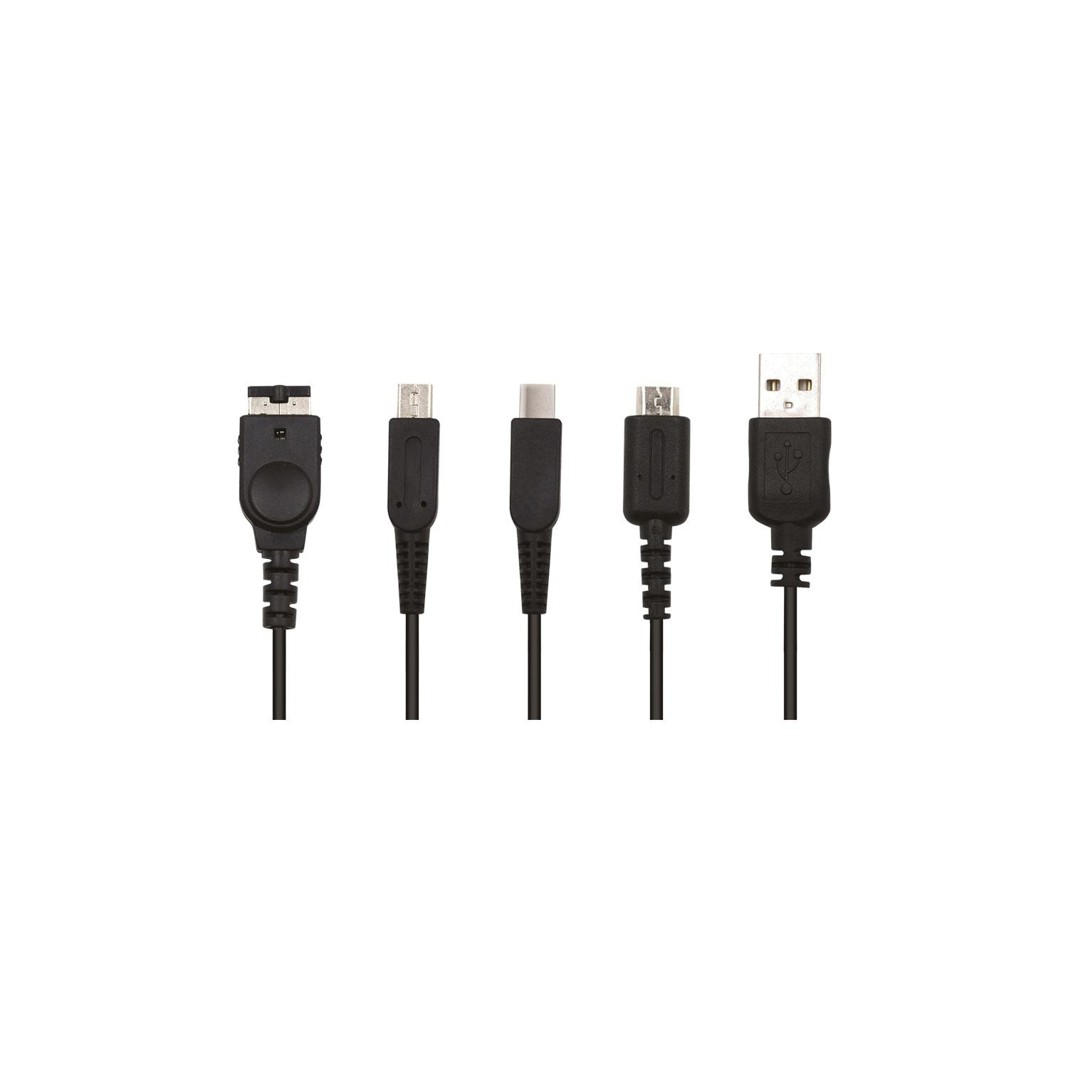 Fünf schwarze USB-Kabel mit verschiedenen Anschlüssen. Verschiedene Enden.