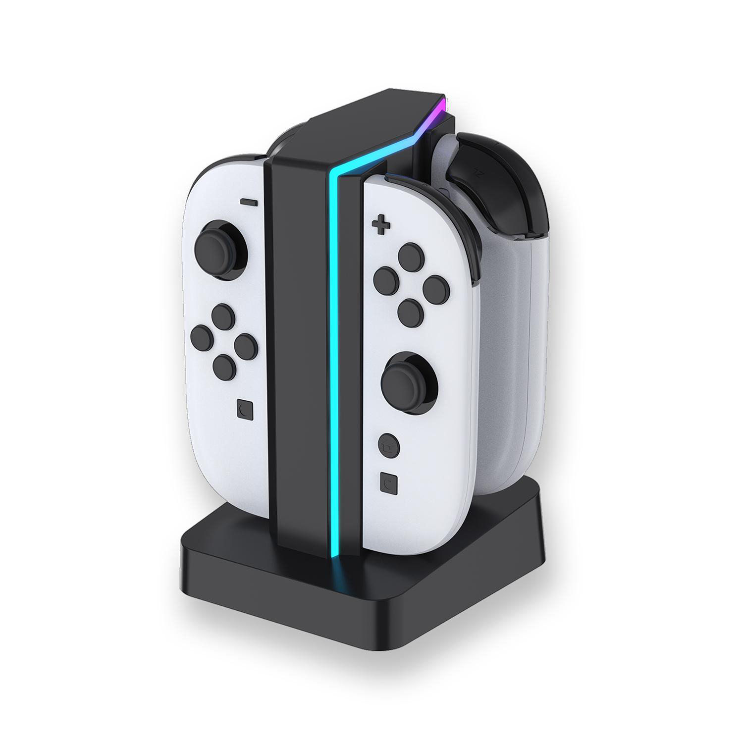 Weiß-schwarzer Joy-Cons-Ladeständer mit schwarzer Basis und blau-violetten Lichtern.
