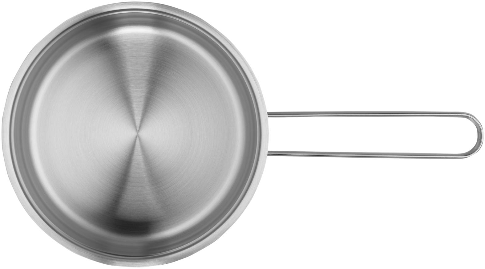 Edelstahlpfanne mit langem Griff, Draufsicht, kreisförmig, glatte Oberfläche.