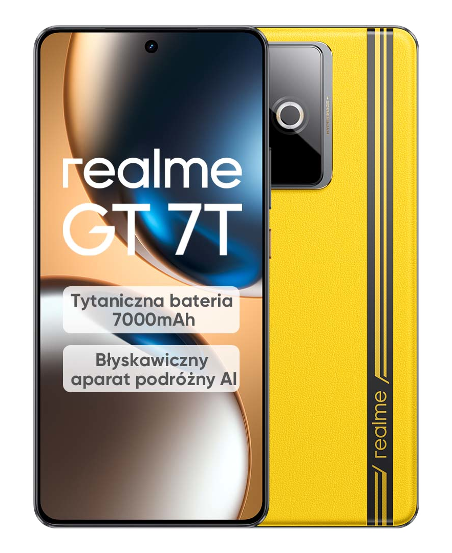 Żółty telefon z czarnym modułem aparatu. Tekst po polsku o baterii i aparacie AI.