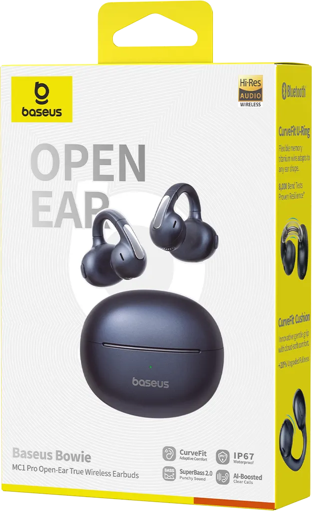 Baseus Bowie MC1 Pro Kopfhörerbox. Box ist weiß, gelb und schwarz. Ohrhörer sind abgebildet.