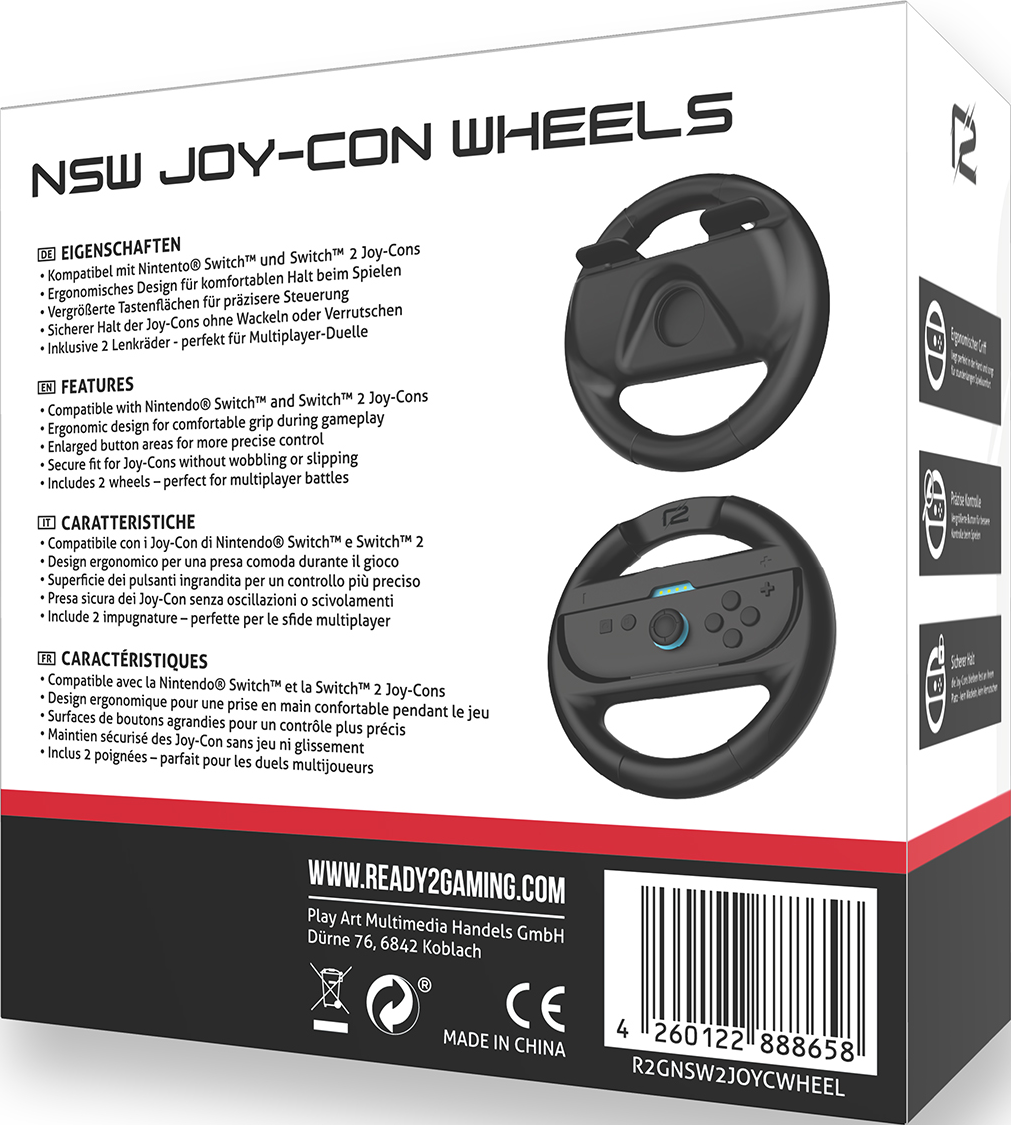 Rückseite einer Box mit Text für die Nintendo Switch Joy-Con-Räder. Weißer Hintergrund.