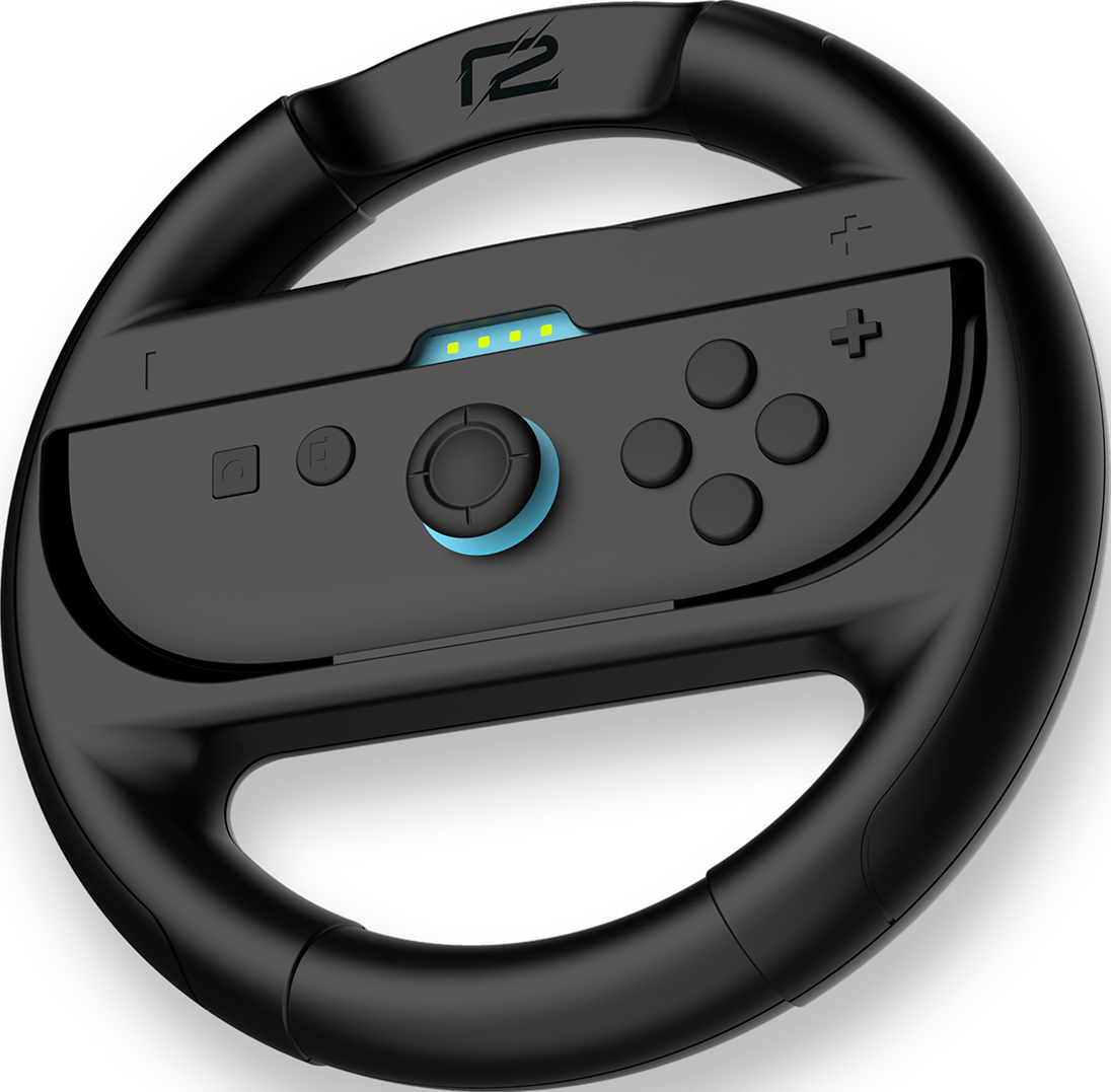 Ein schwarzes Nintendo Switch Joy-Con-Rad. Weißer Hintergrund.
