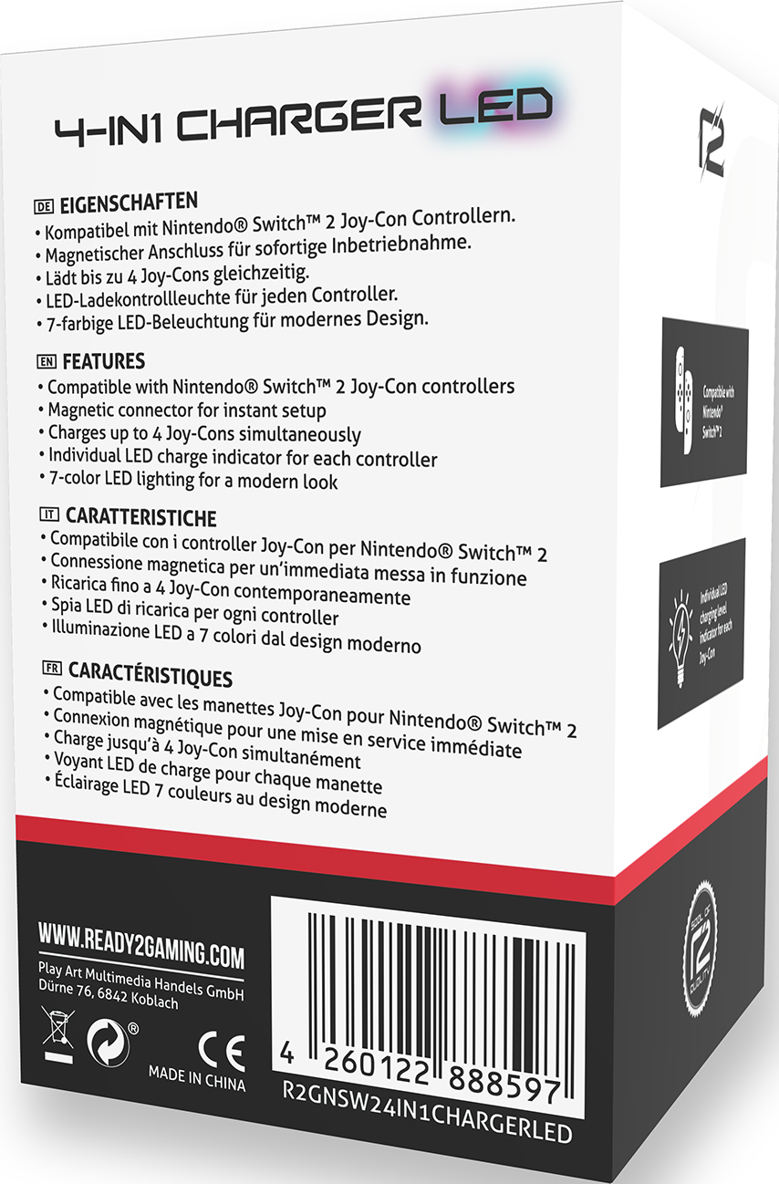 Retro della scatola del caricatore 4 in 1 per Joy-Con Nintendo Switch. Sfondo bianco.