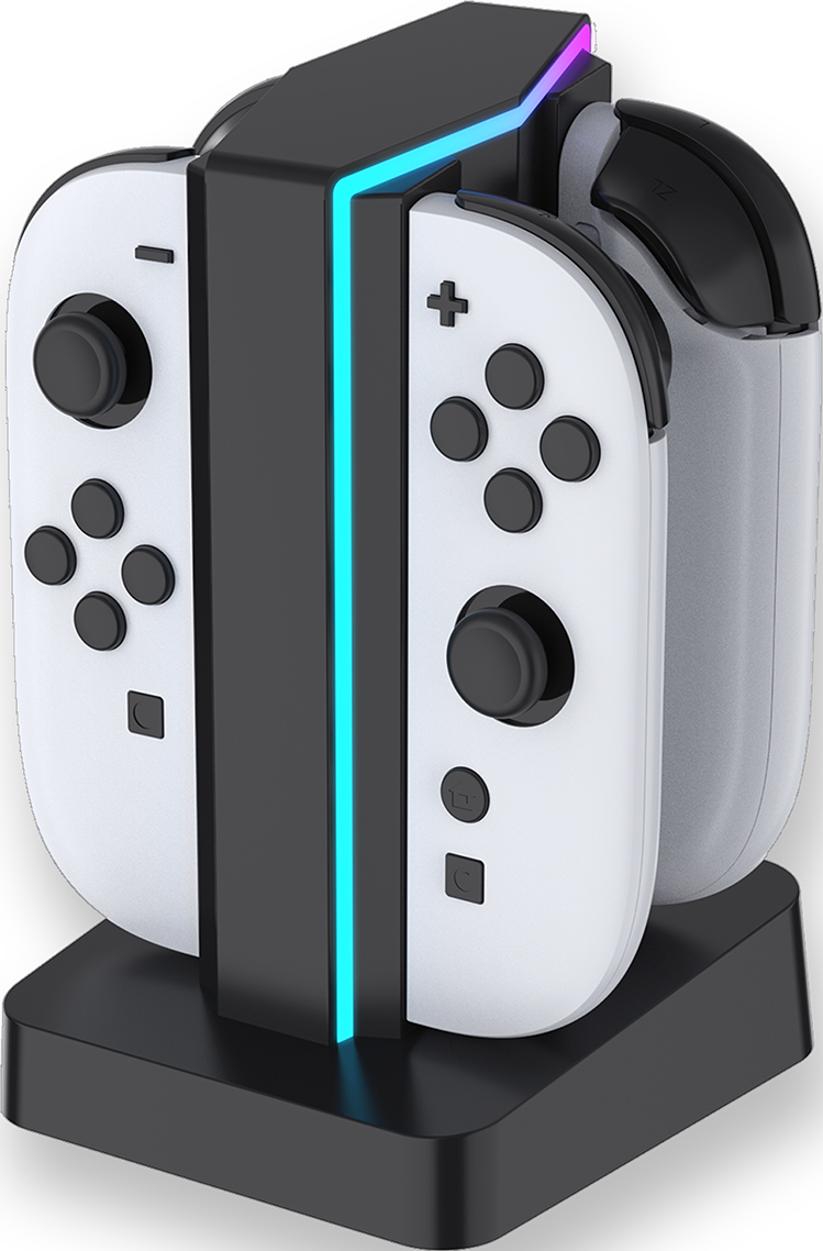 Stazione di ricarica per controller di gioco bianco e nero con due controller.