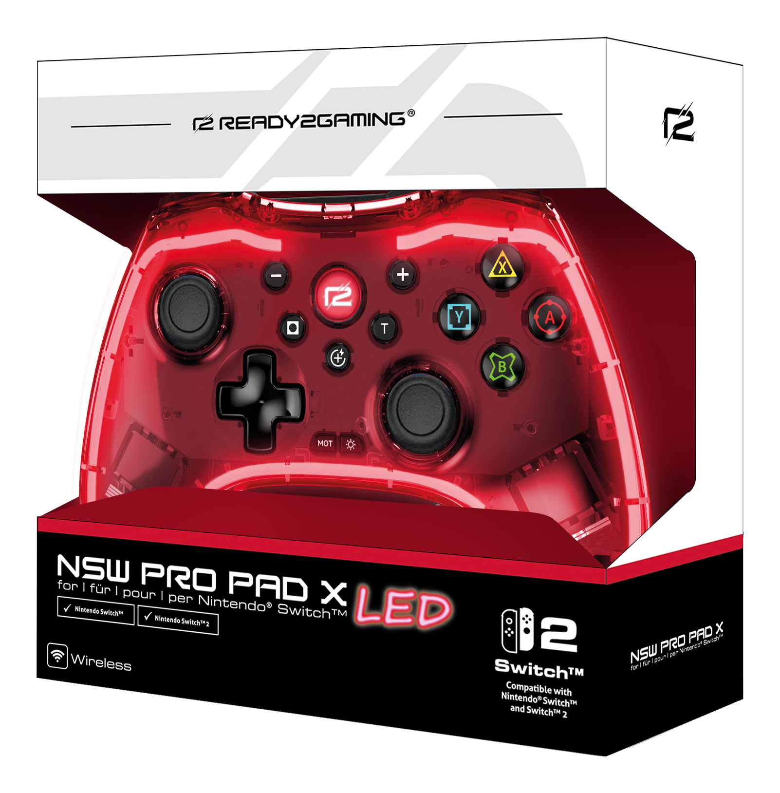 Roter, transparenter Gamecontroller in einer Box, mit Knöpfen und Text.