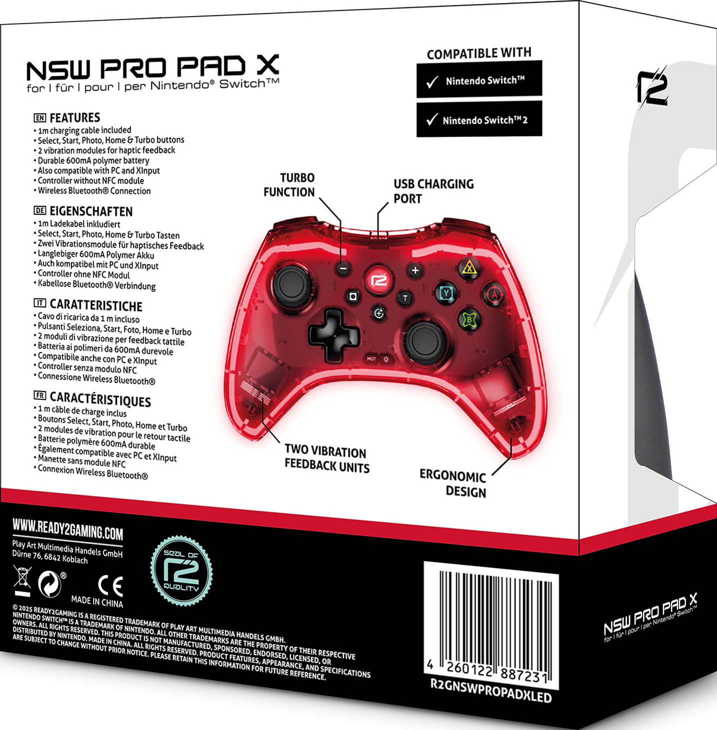 Rückseite einer roten Gamecontroller-Box, mit Funktionen und Spezifikationen.
