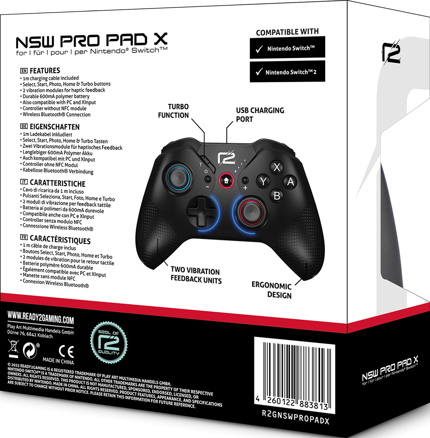 Rückseite einer schwarzen Gamecontroller-Box, mit Funktionen und Spezifikationen.