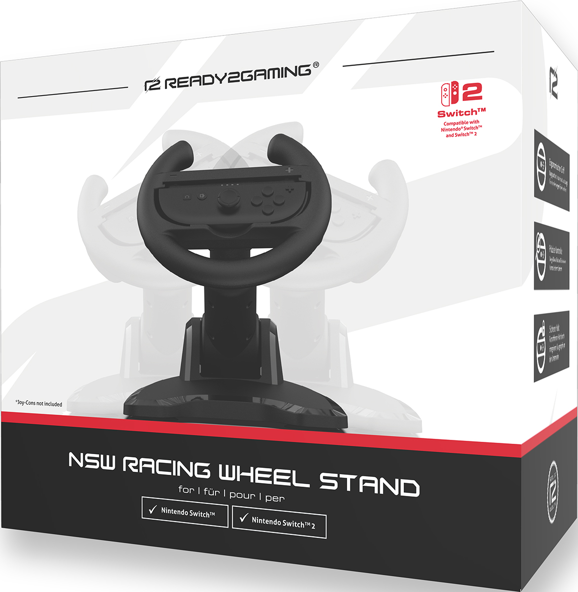 Schwarzer Rennradständer in der Box, mit Rad und Basis, für Nintendo Switch.