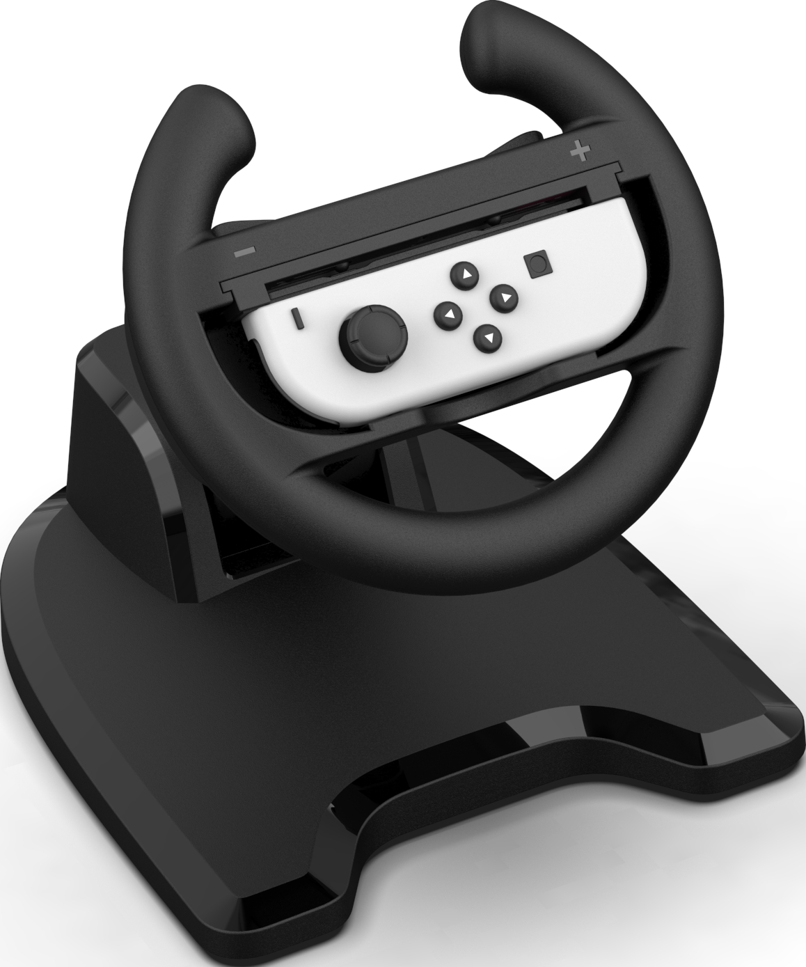 Schwarzes Rennlenkrad auf Ständer mit installiertem weißem Joy-Con-Controller.